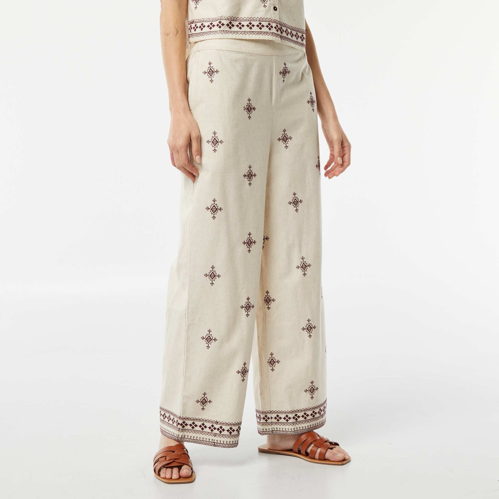 Pantalon large 3/4 avec broderies BEIGE
