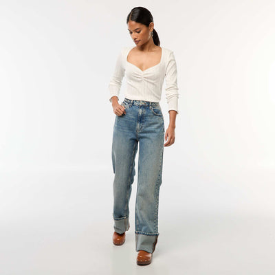 Jean regular / taille haute avec large revers à la base BLEU