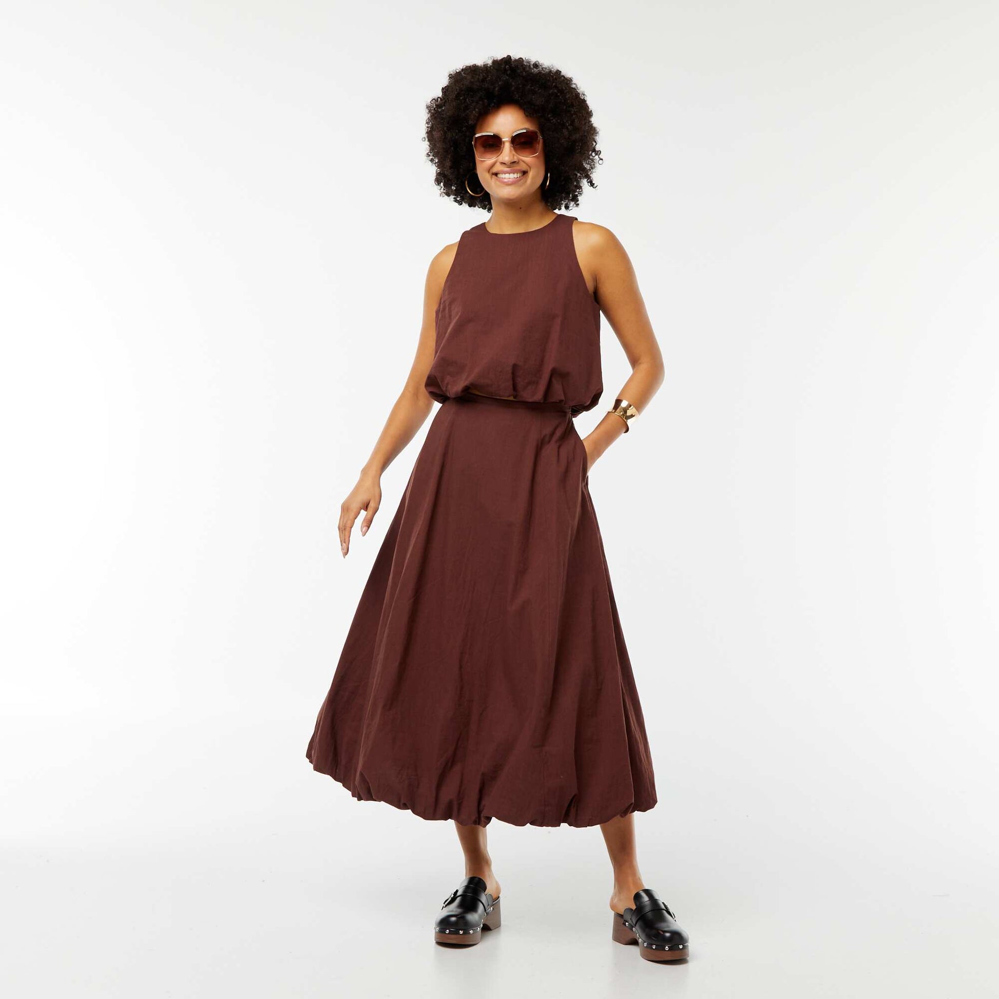 Jupe évasée midi forme ballon MARRON