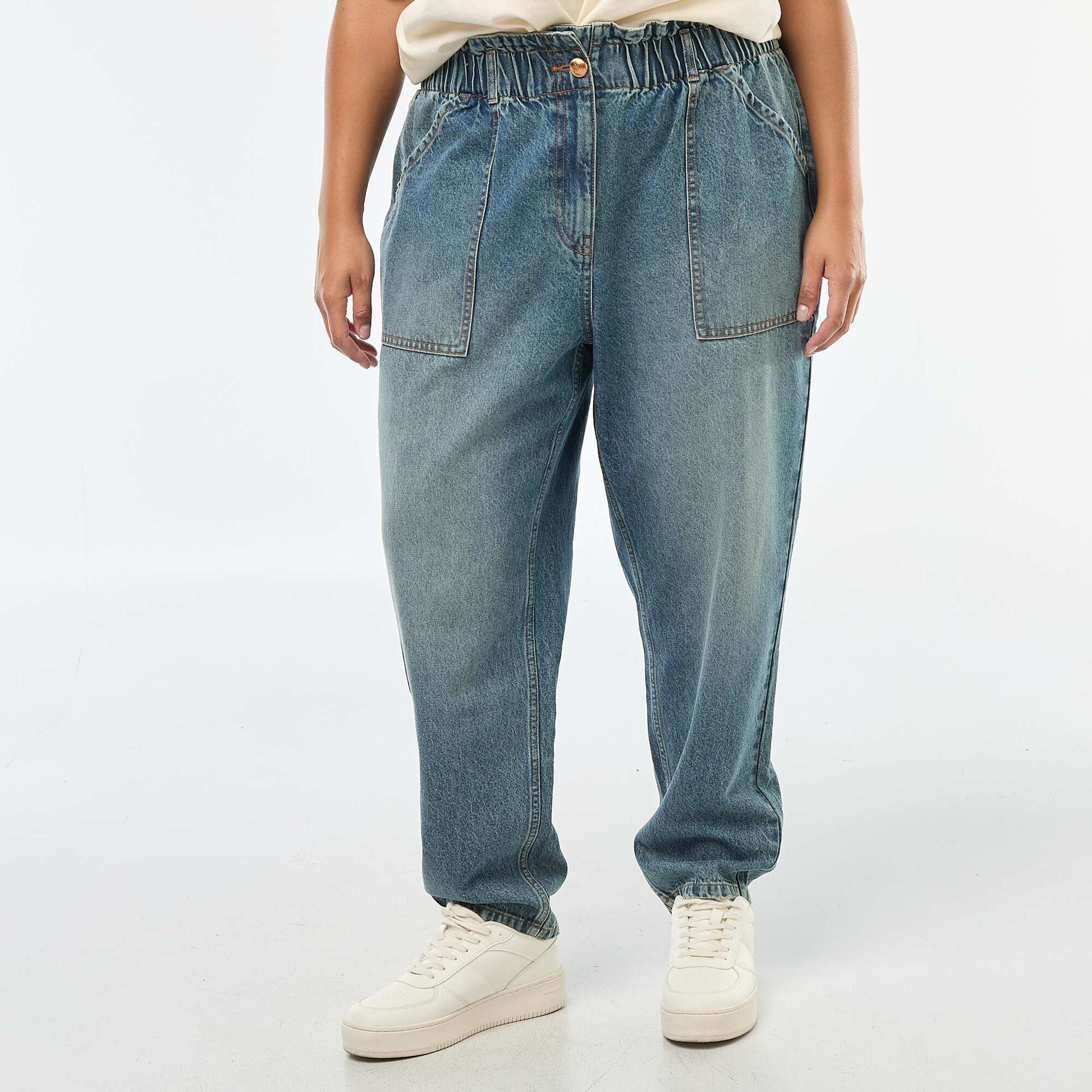 Jean mom à la taille élastiquée BLEU