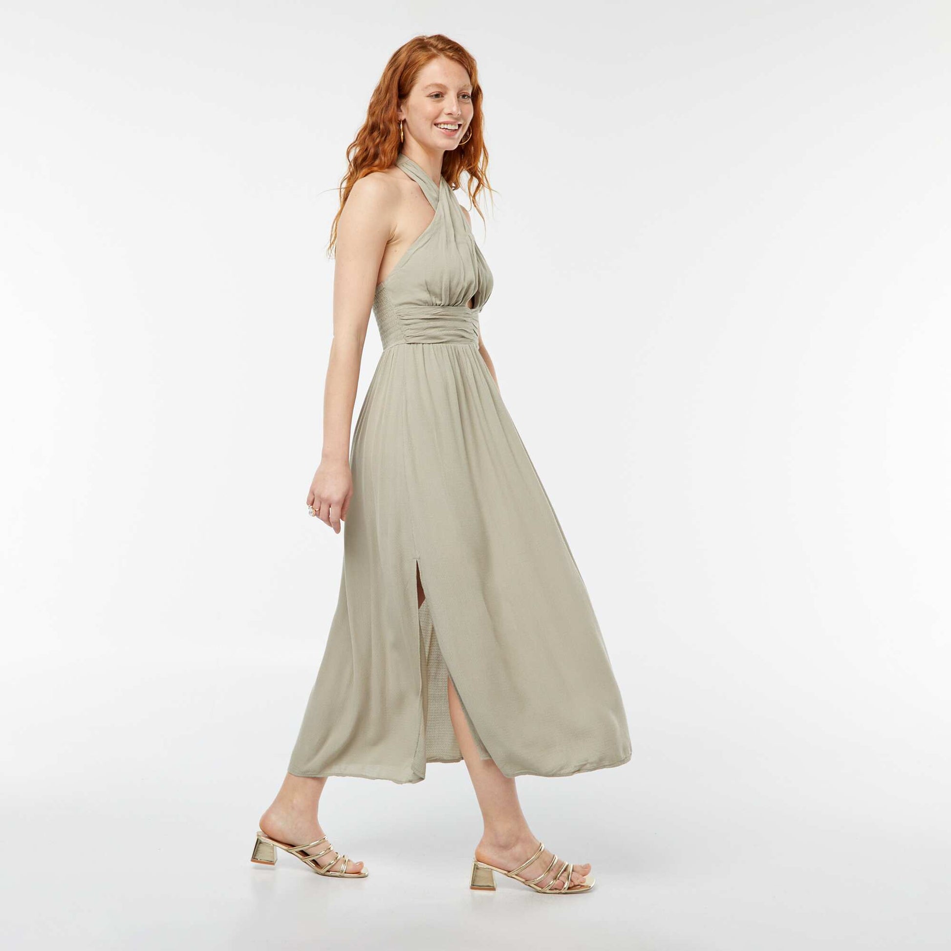 Robe longue fluide avec large décolleté KAKI