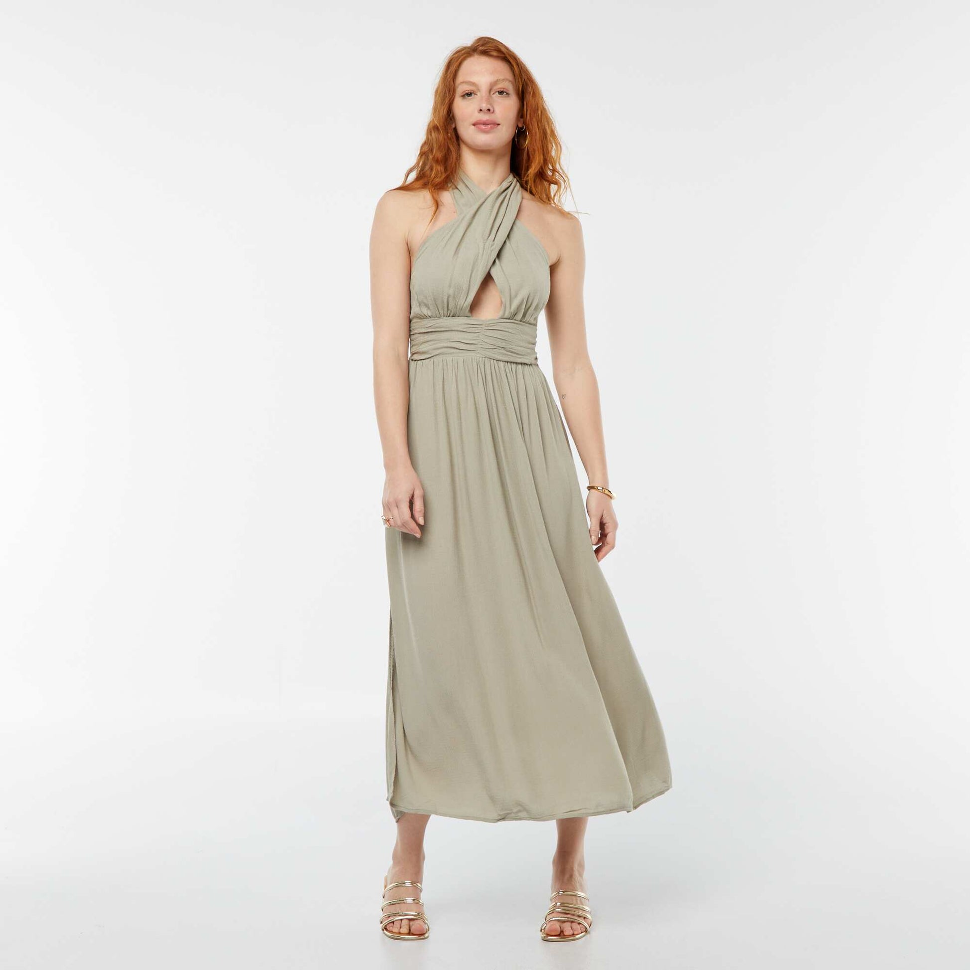 Robe longue fluide avec large décolleté KAKI