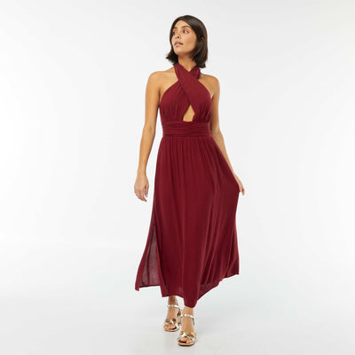 Robe longue fluide avec large décolleté ROUGE