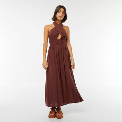 Robe longue fluide avec large décolleté MARRON