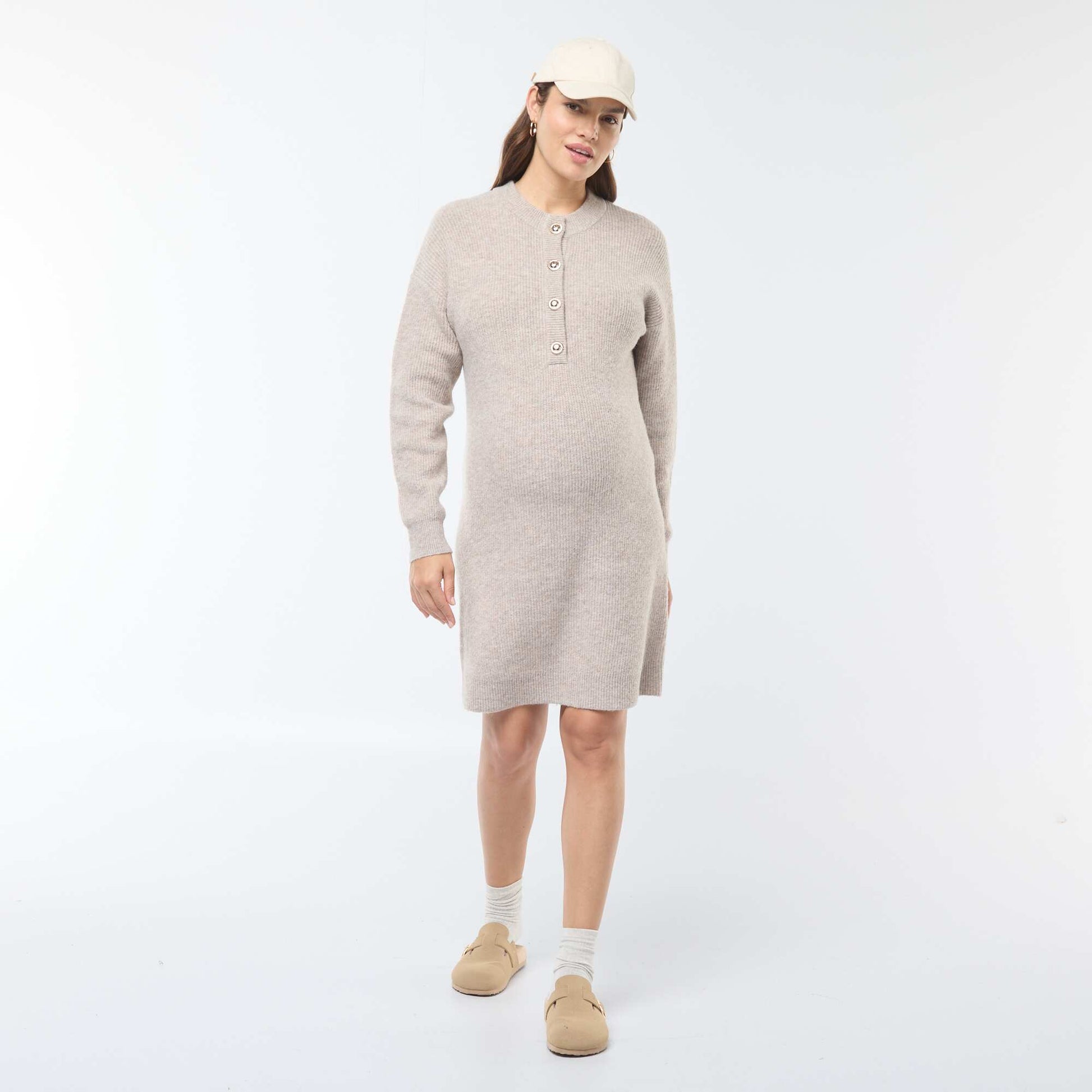 Robe pull d'allaitement à ouverture boutonnée BEIGE
