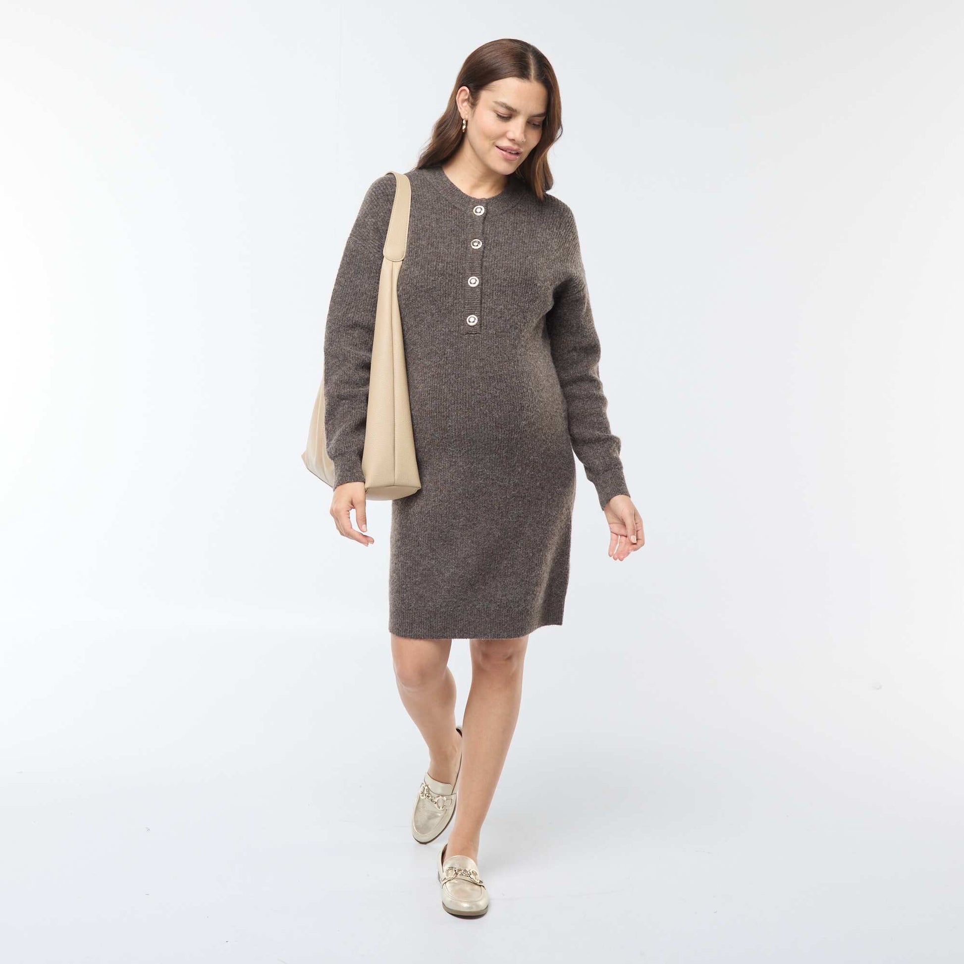 Robe pull d'allaitement à ouverture boutonnée MARRON
