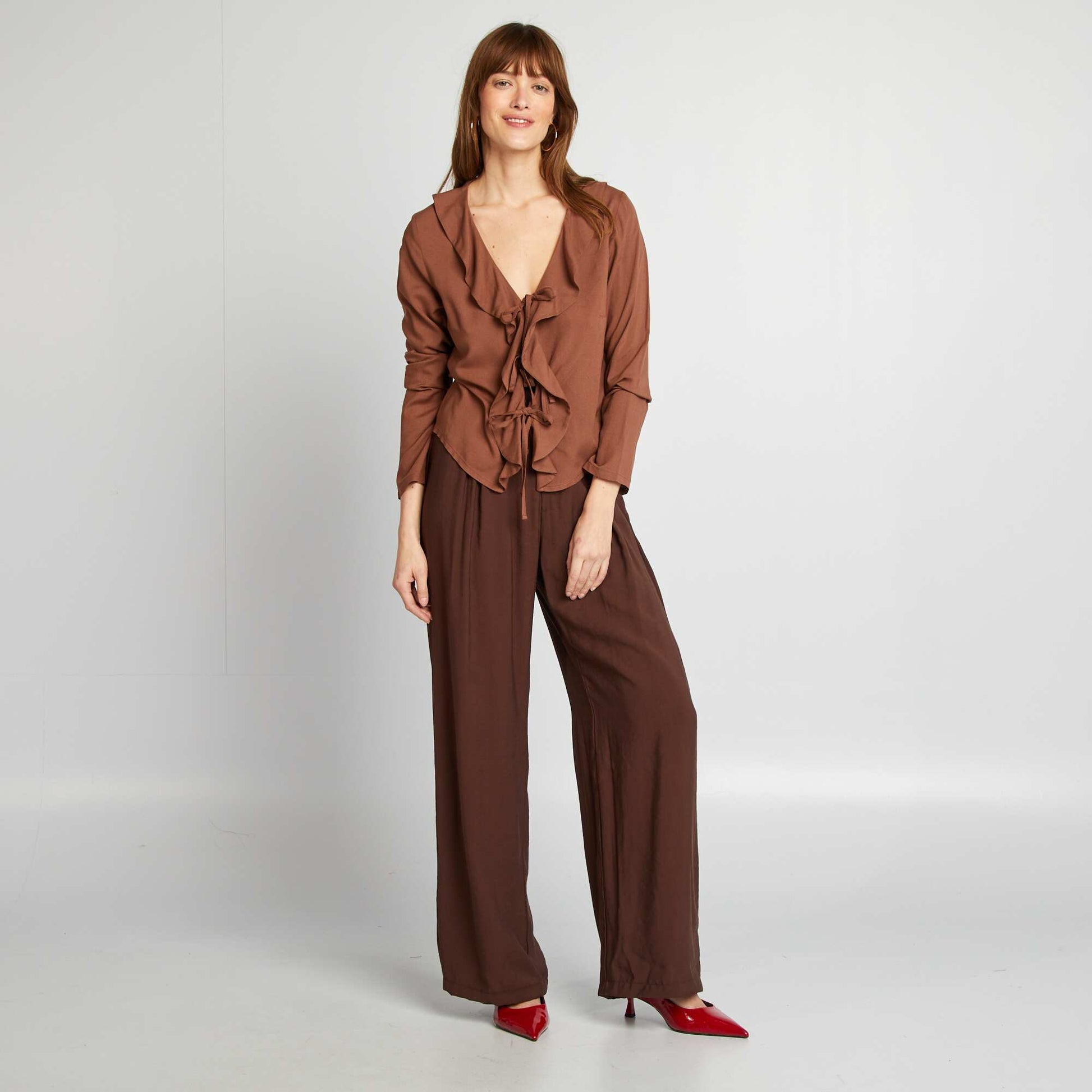 Blouse à volants à nouer MARRON