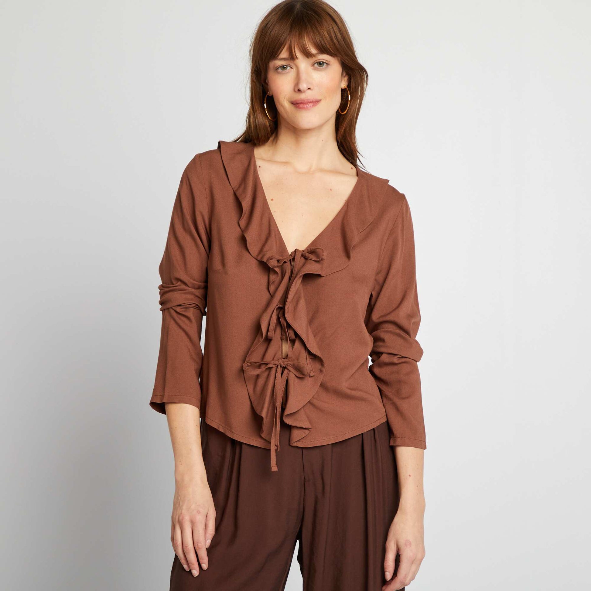Blouse à volants à nouer MARRON
