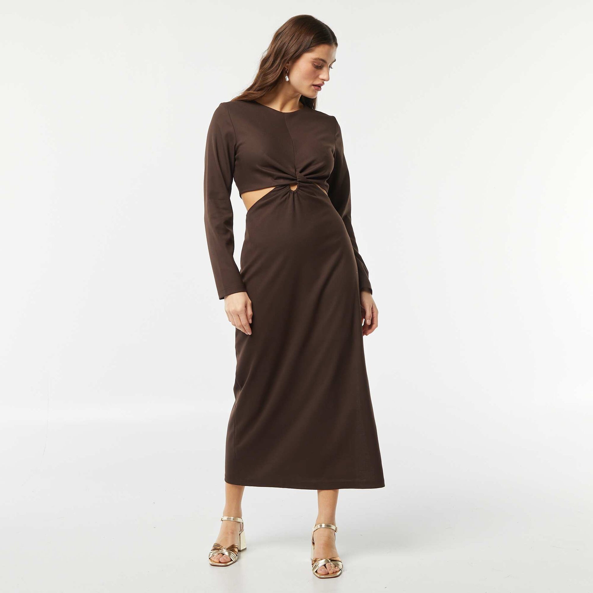 Robe midi effet twiste devant MARRON