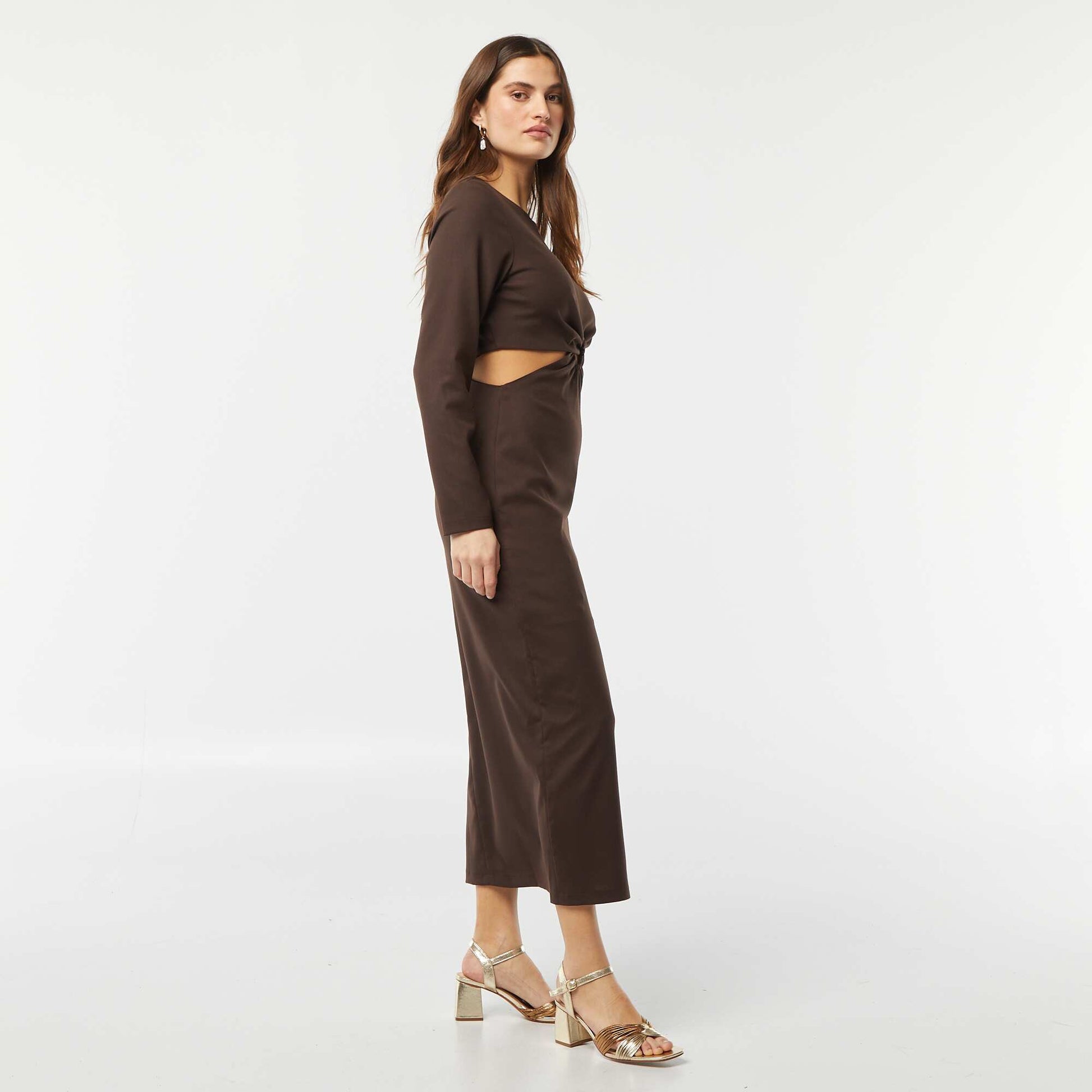 Robe midi effet twiste devant MARRON