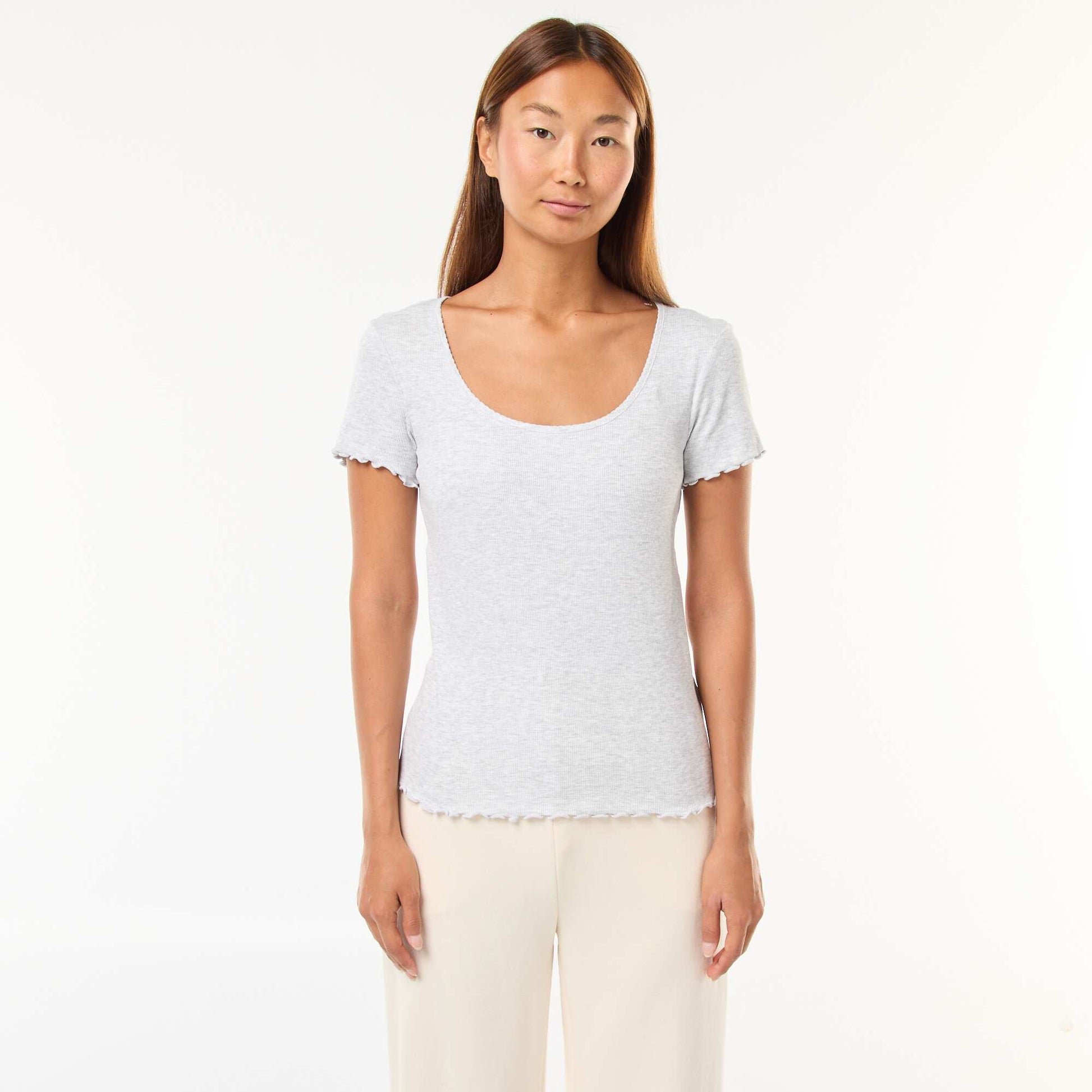 T-shirt uni en maille côtelé manches courtes GRIS