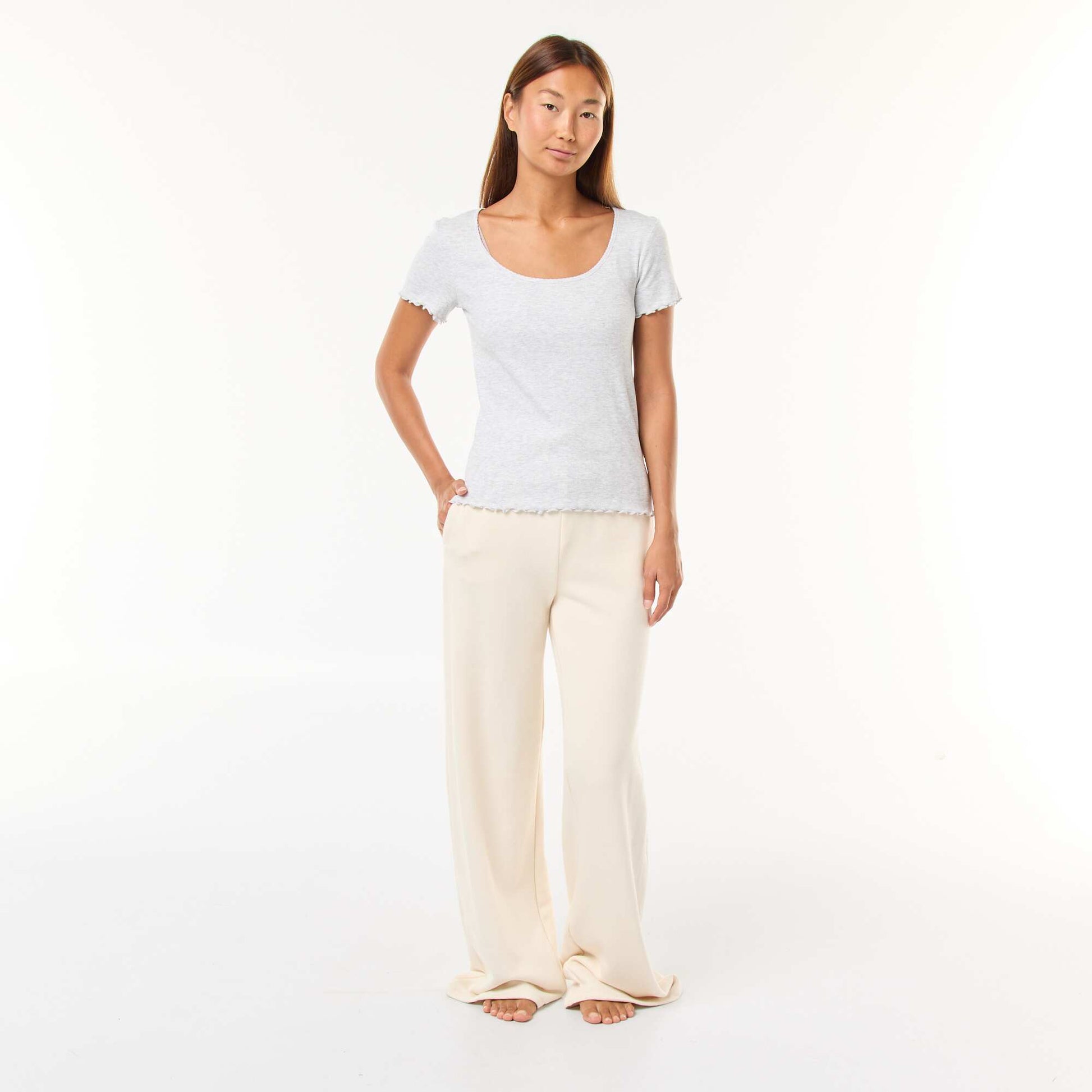 T-shirt uni en maille côtelé manches courtes GRIS