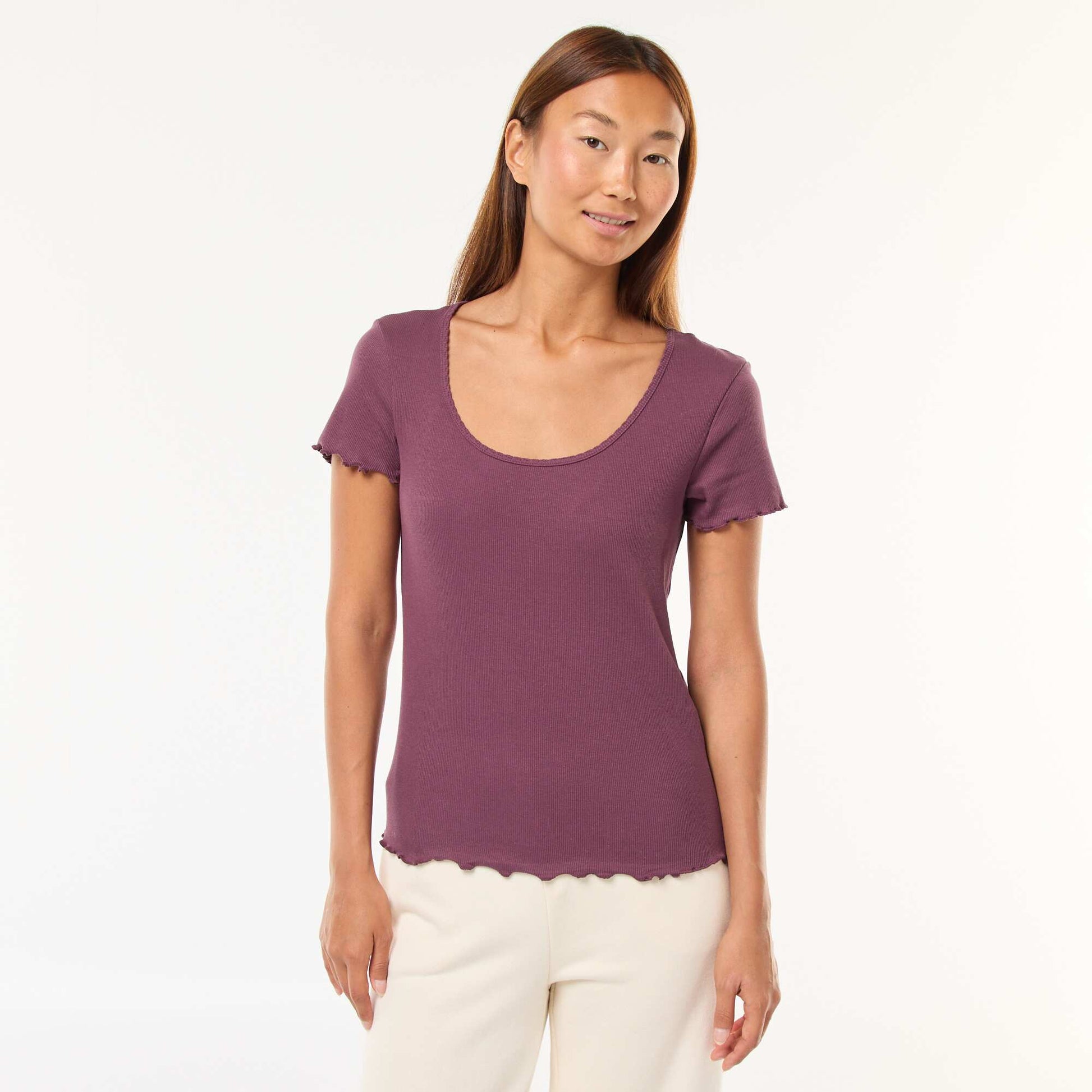 T-shirt uni en maille côtelé manches courtes VIOLET