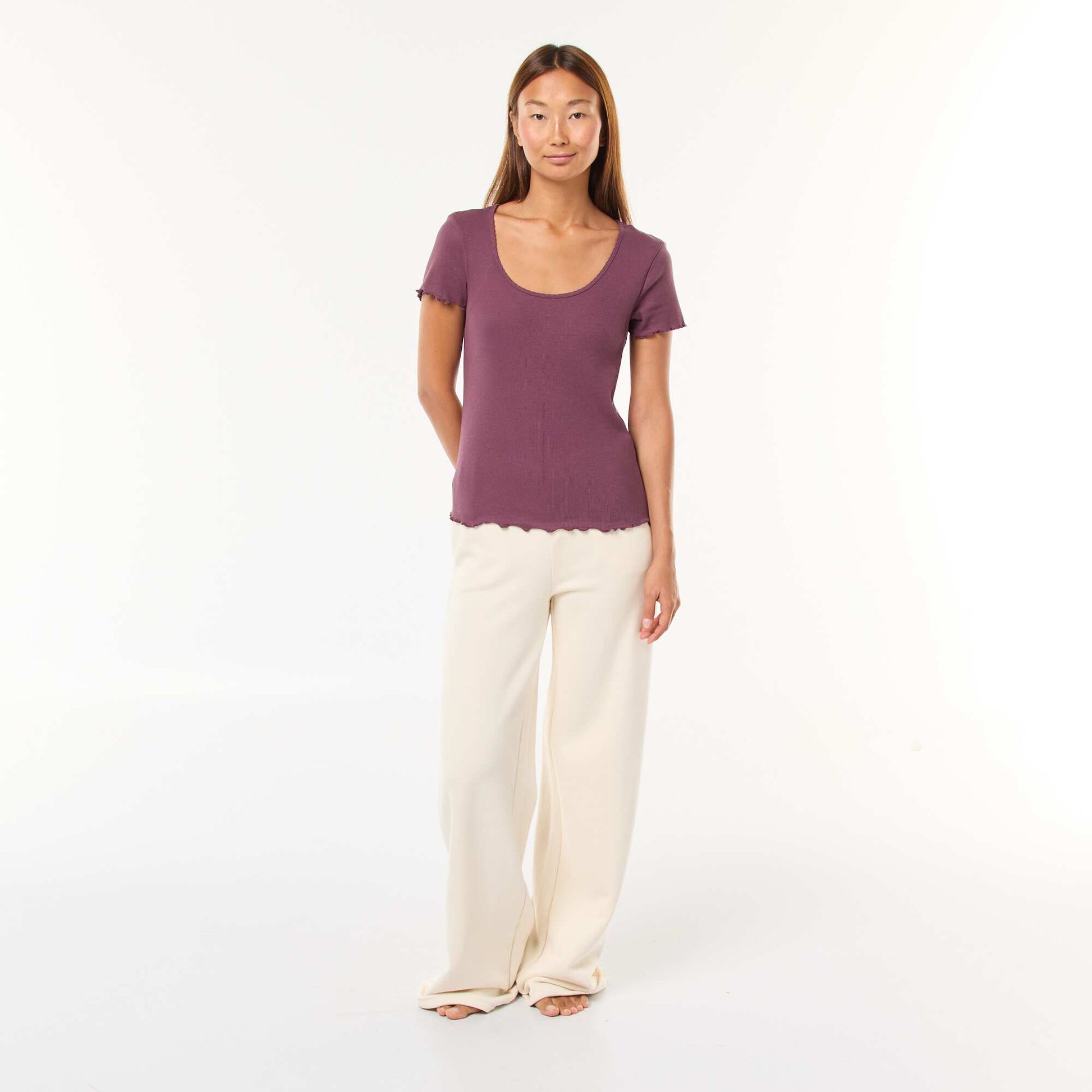 T-shirt uni en maille côtelé manches courtes VIOLET