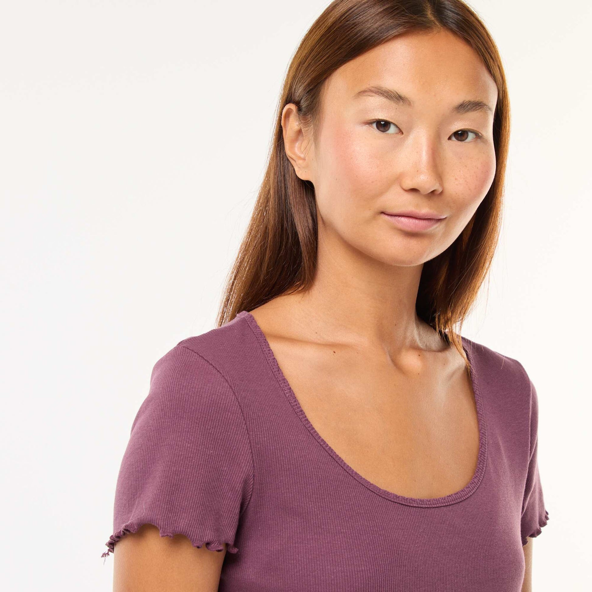 T-shirt uni en maille côtelé manches courtes VIOLET