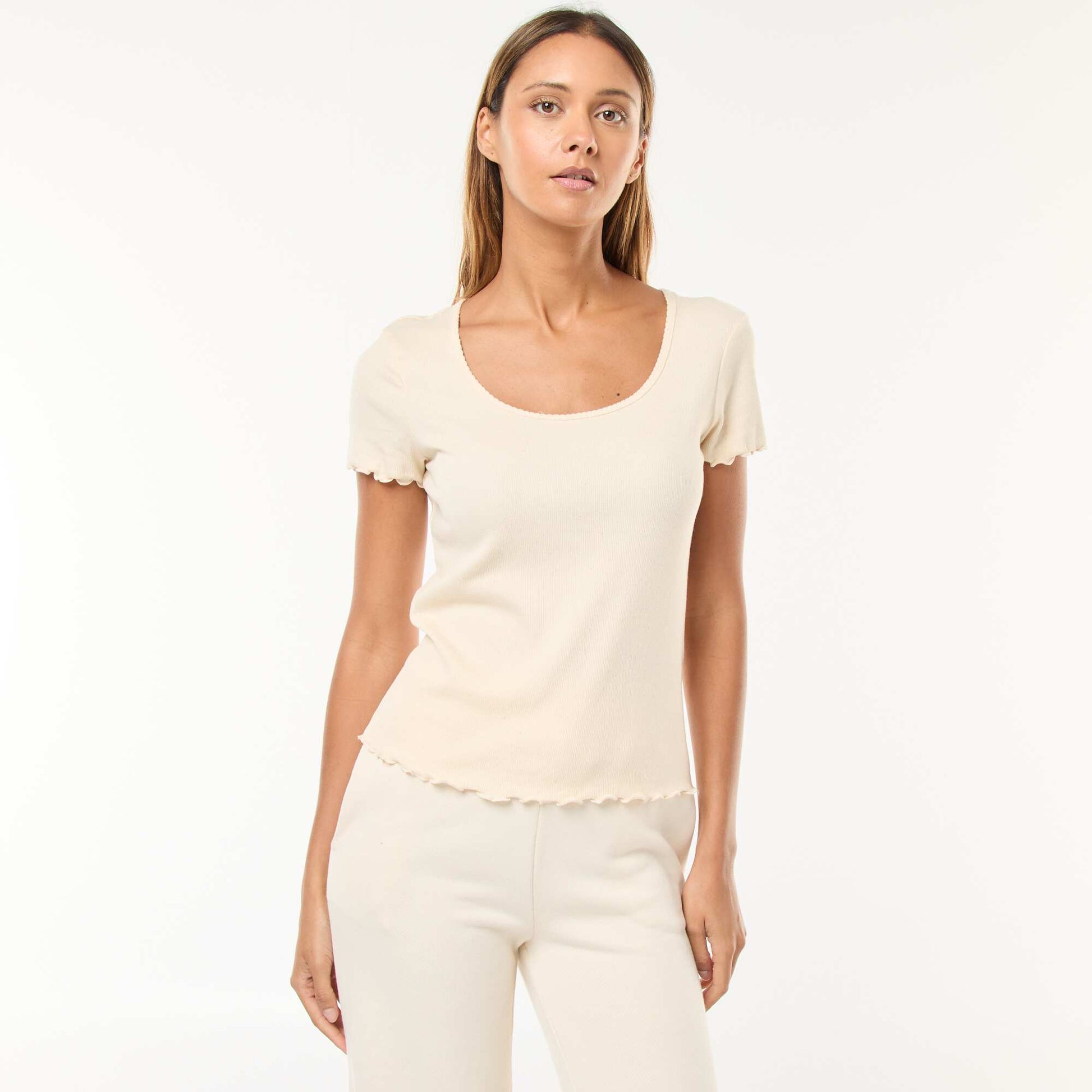 T-shirt uni en maille côtelé manches courtes BLANC