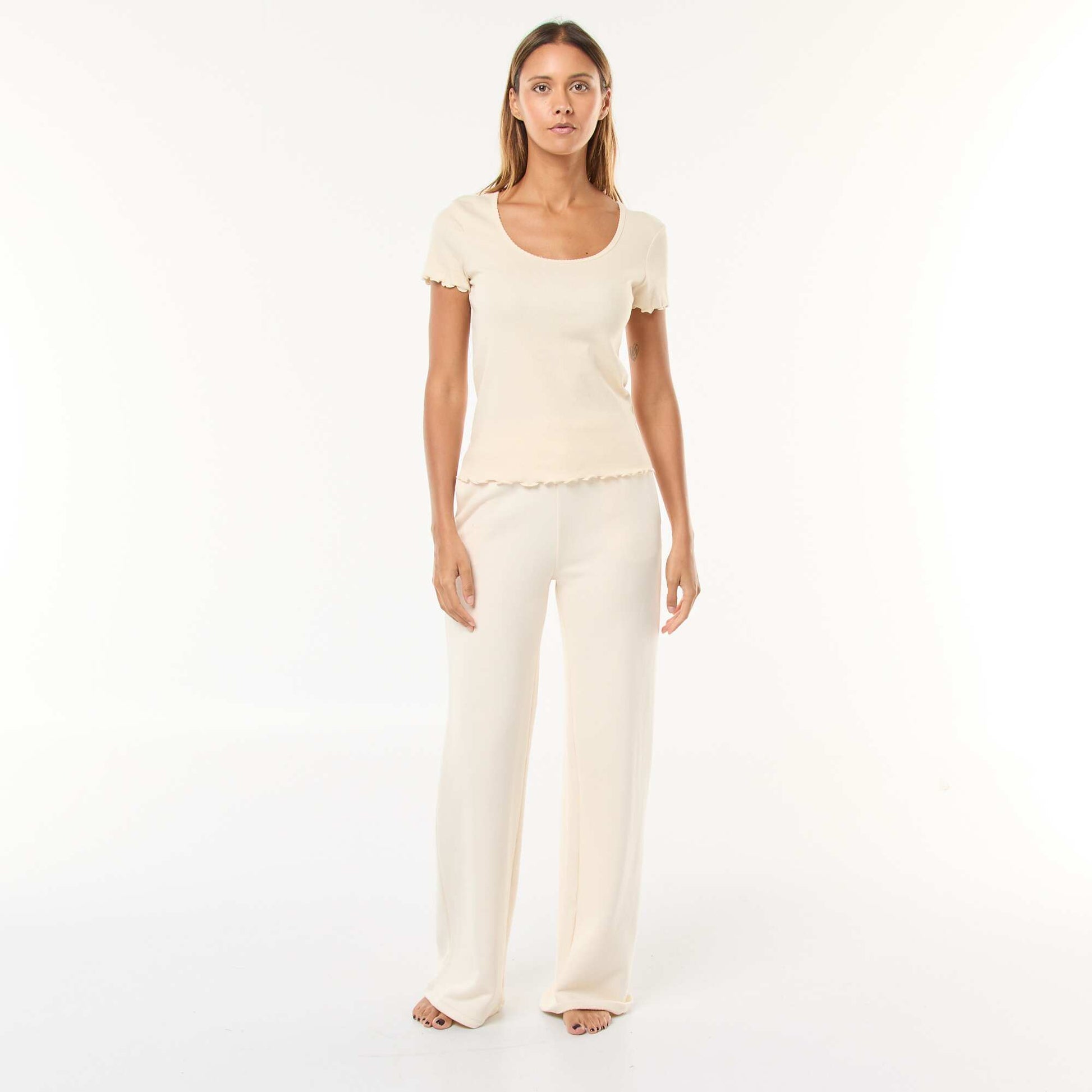 T-shirt uni en maille côtelé manches courtes BLANC