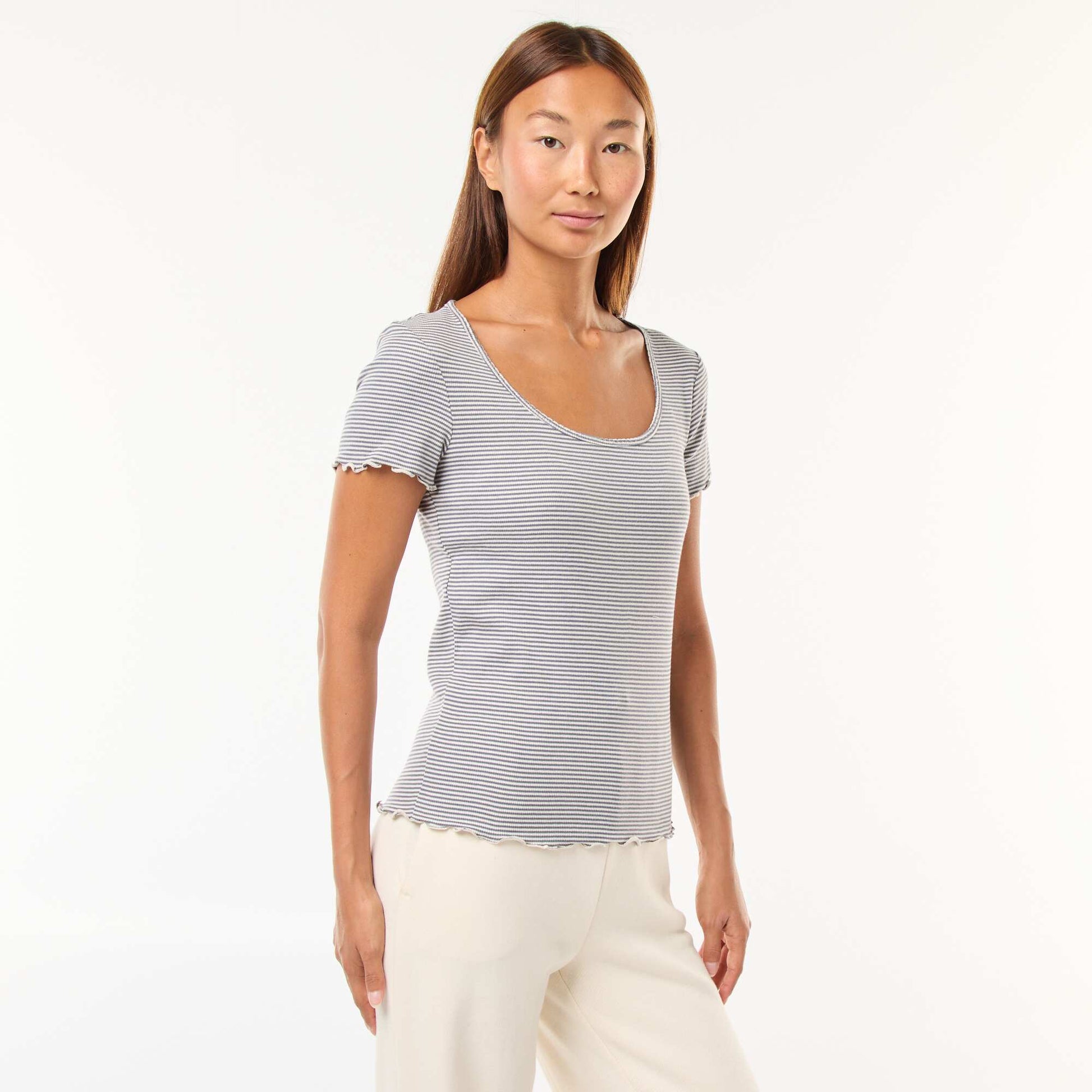 T-shirt uni en maille côtelé manches courtes BLEU