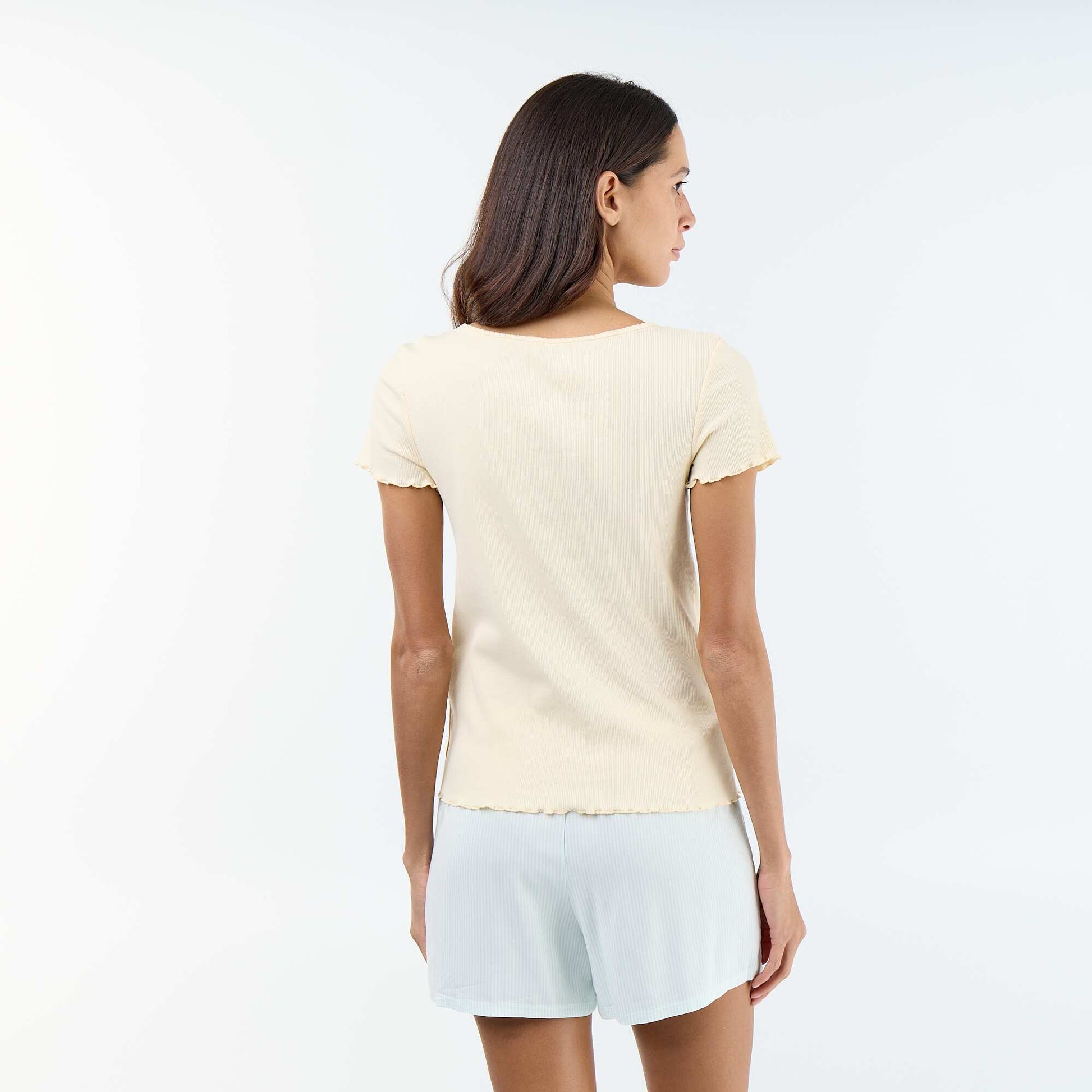 T-shirt uni en maille côtelé manches courtes BEIGE