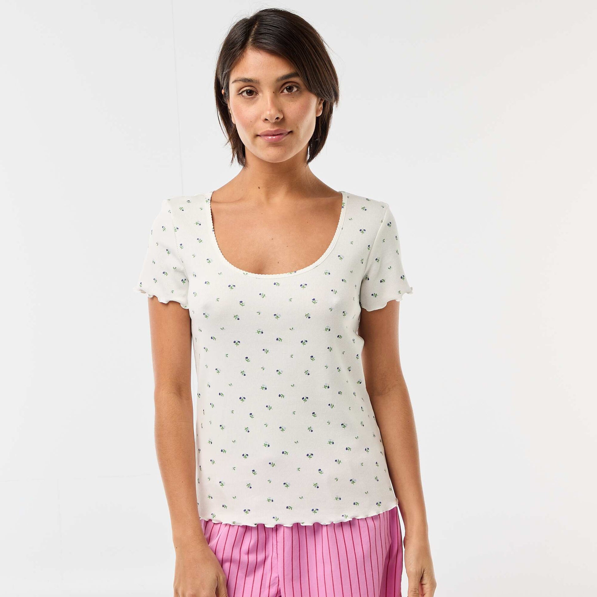 T-shirt uni en maille côtelé manches courtes BLANC