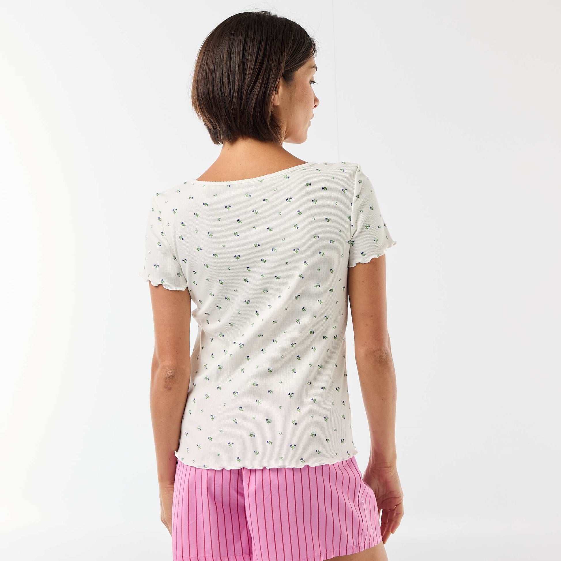T-shirt uni en maille côtelé manches courtes BLANC