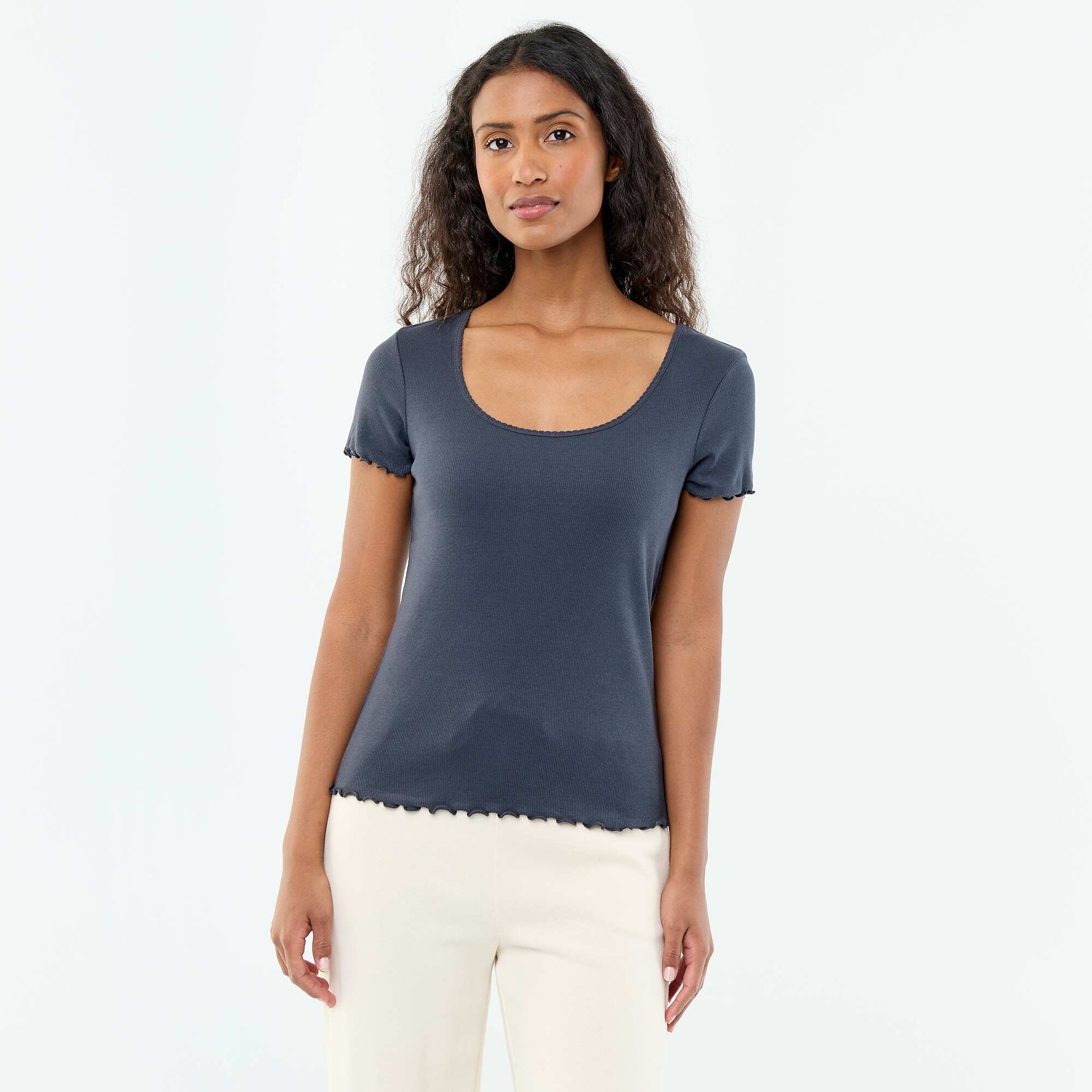 T-shirt uni en maille côtelé manches courtes BLEU