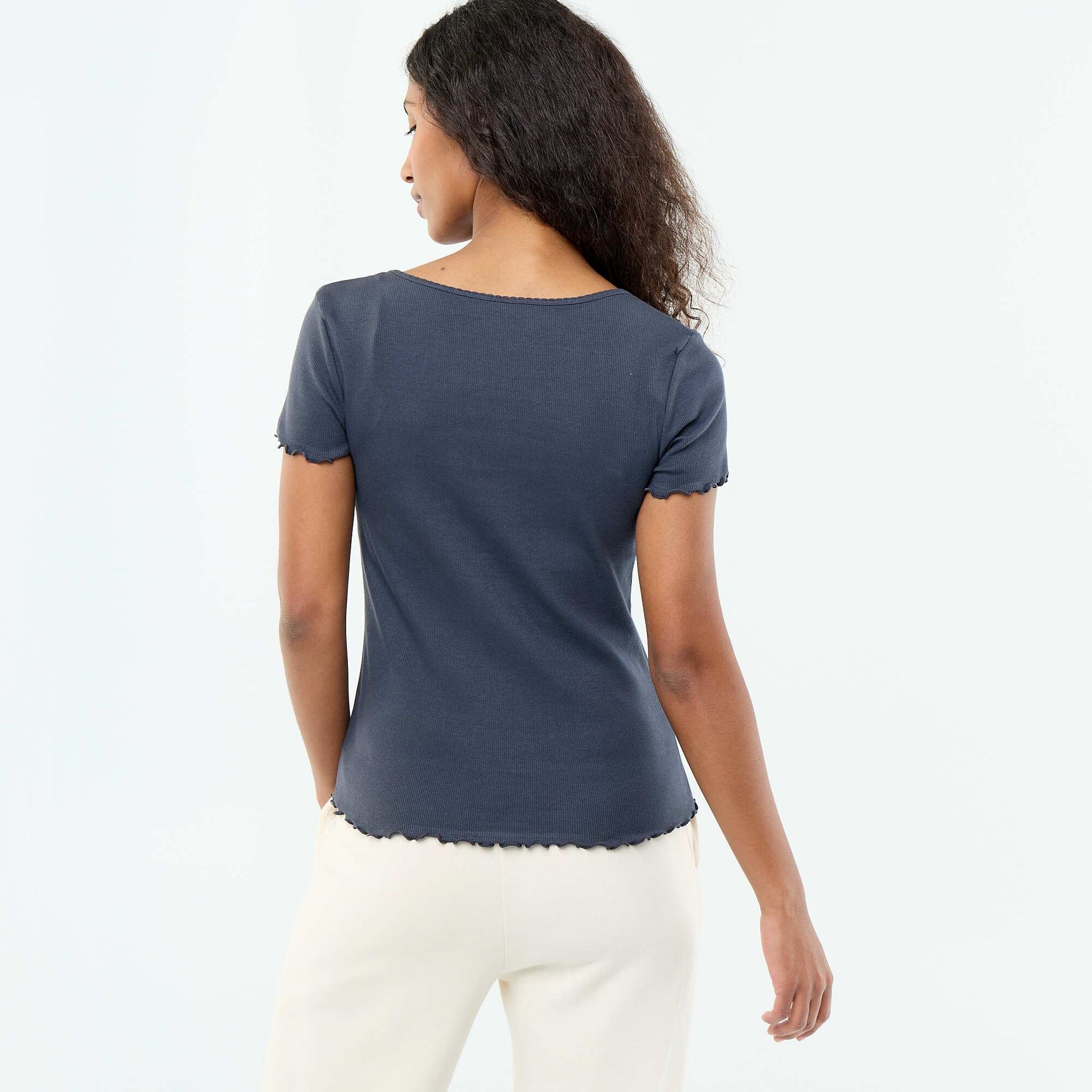 T-shirt uni en maille côtelé manches courtes BLEU