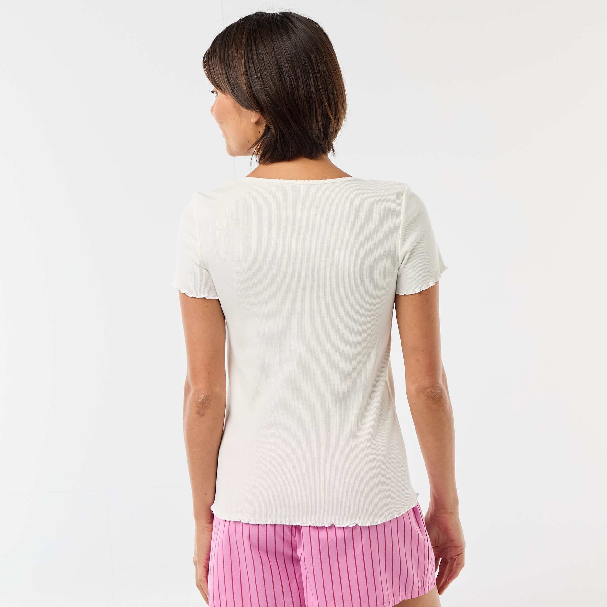 T-shirt uni en maille côtelé manches courtes BLANC