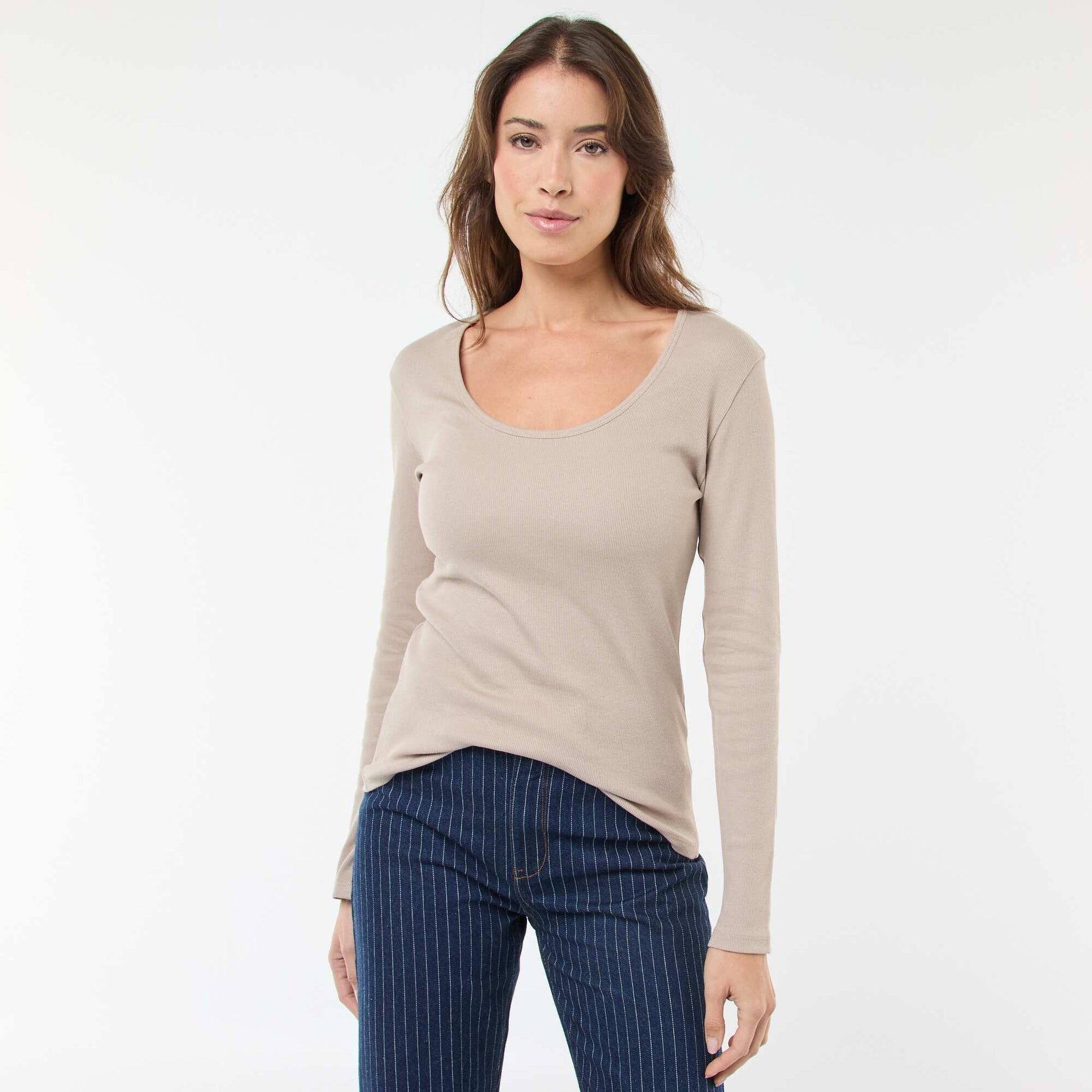 T-shirt côtelé à manches longues BEIGE