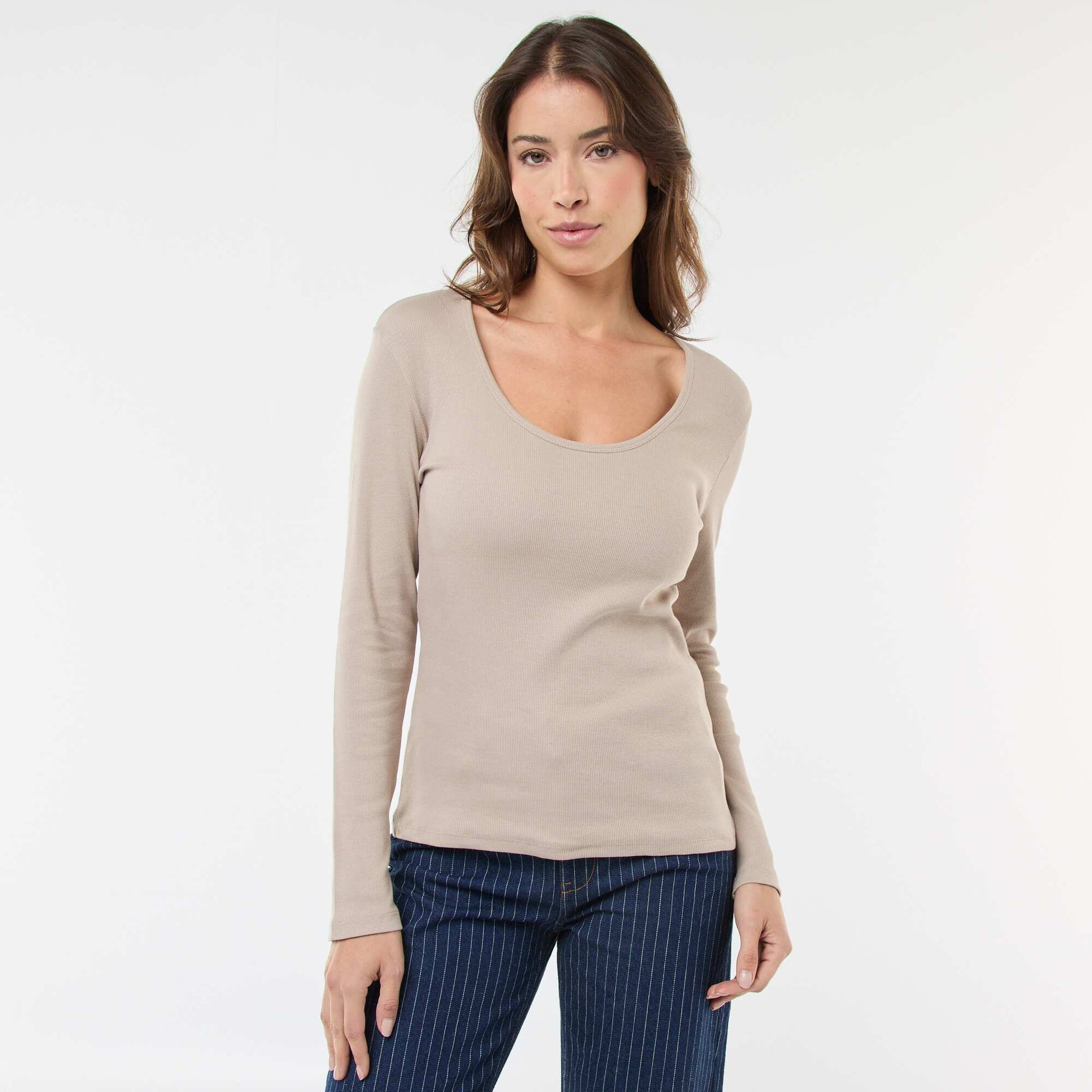 T-shirt côtelé à manches longues BEIGE