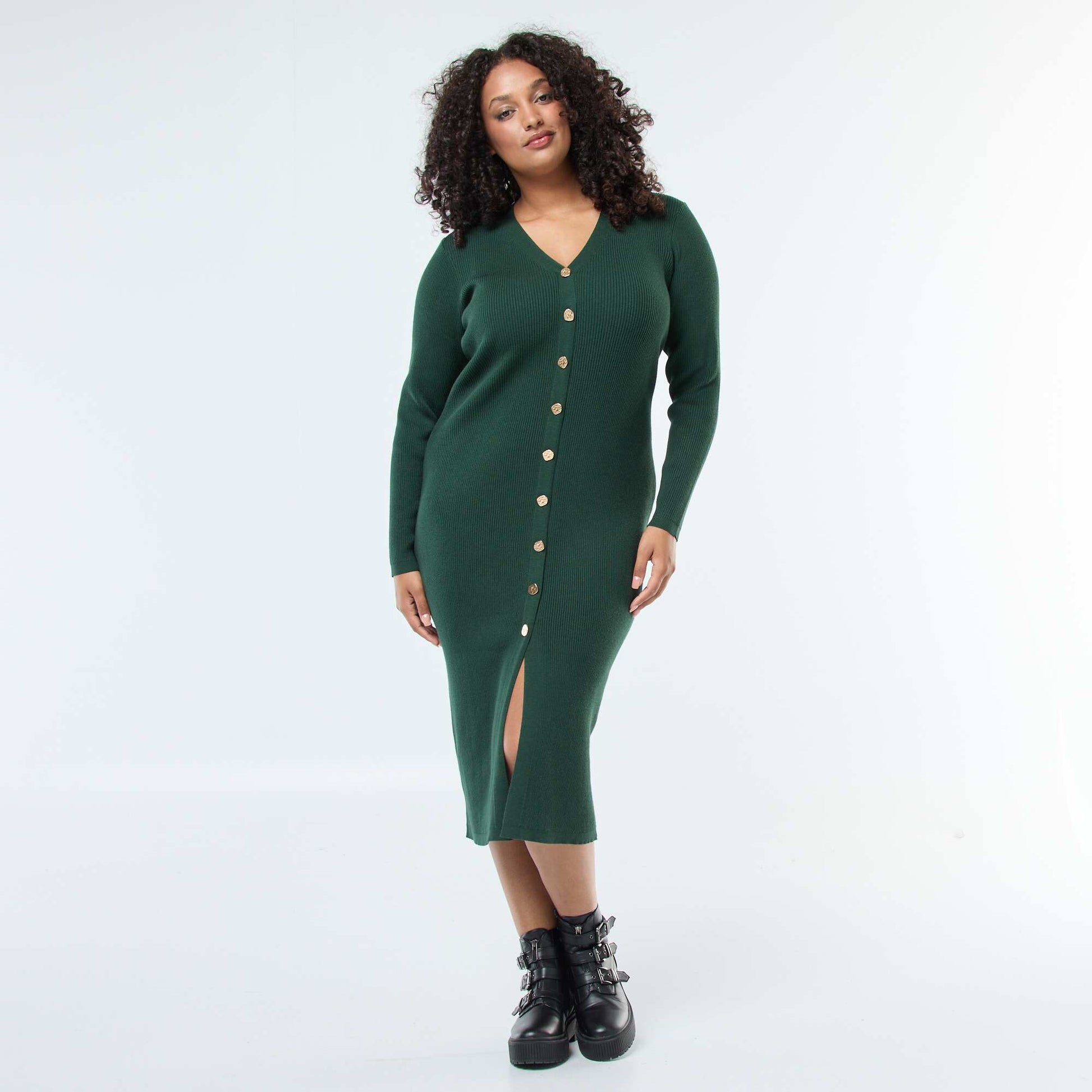 Robe longue côtelée avec boutonnage doré VERT