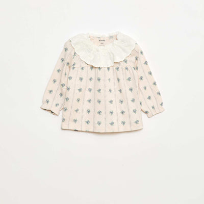 T-shirt en maille pointelle avec col brodé ROSE