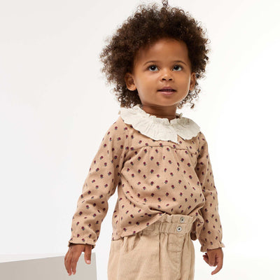 T-shirt en maille pointelle avec col brodé BEIGE