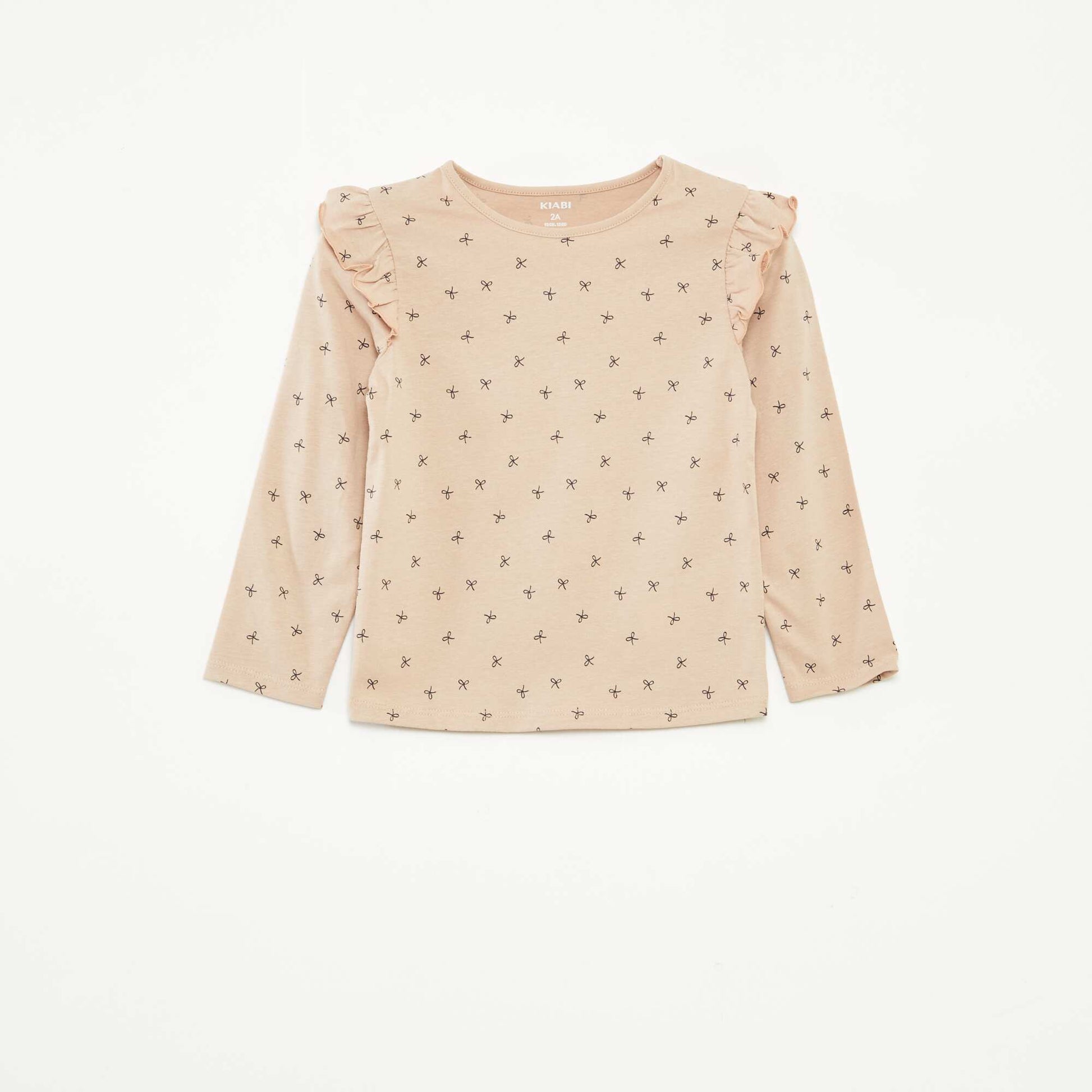 T-shirt manches longues avec emmanchures volantées et motif BEIGE