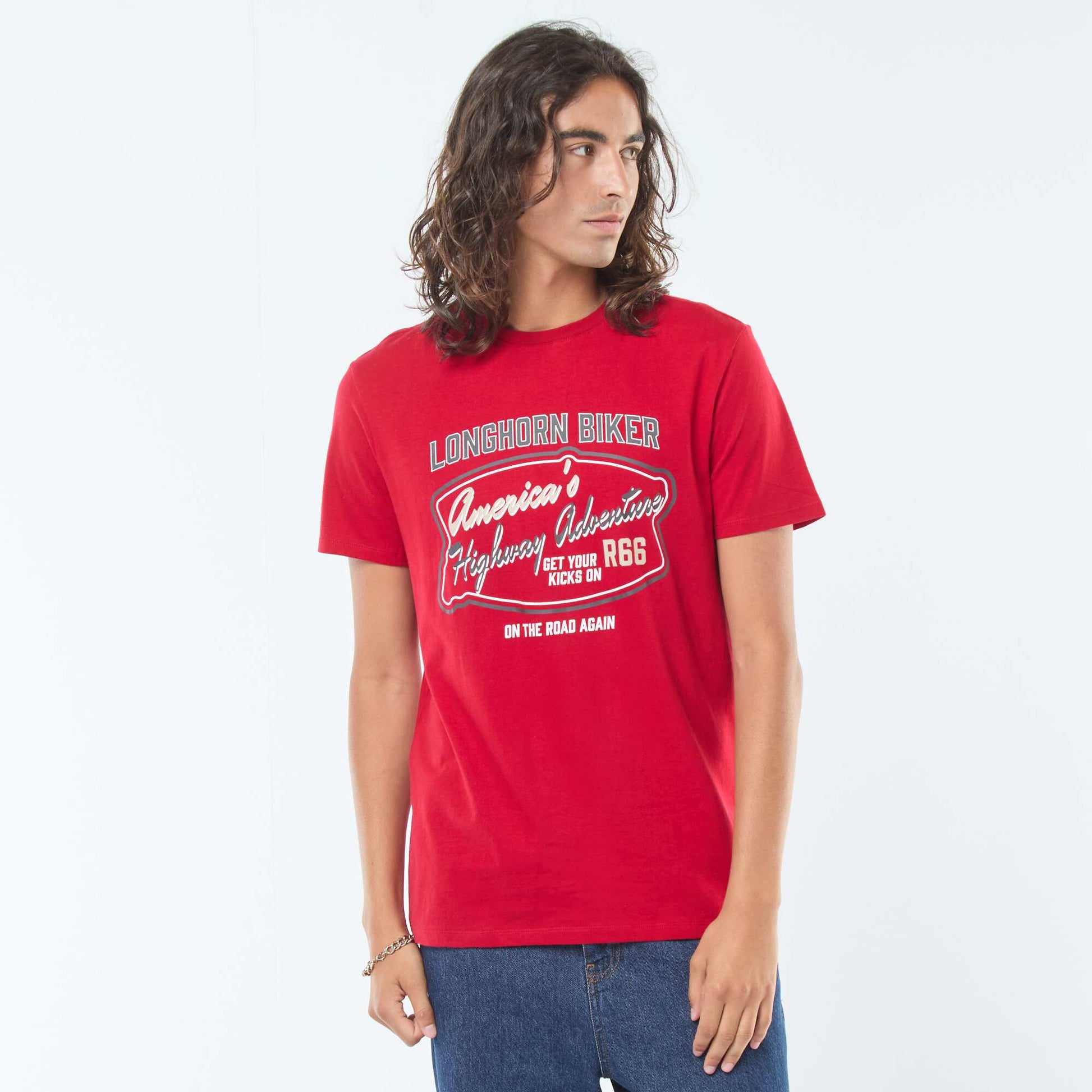 T-shirt imprimé à manches courtes et col rond ROUGE