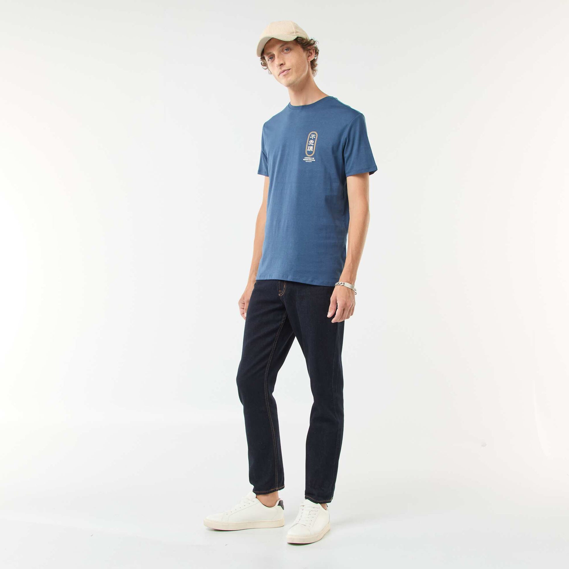 T-shirt imprimé à manches courtes et col rond BLEU
