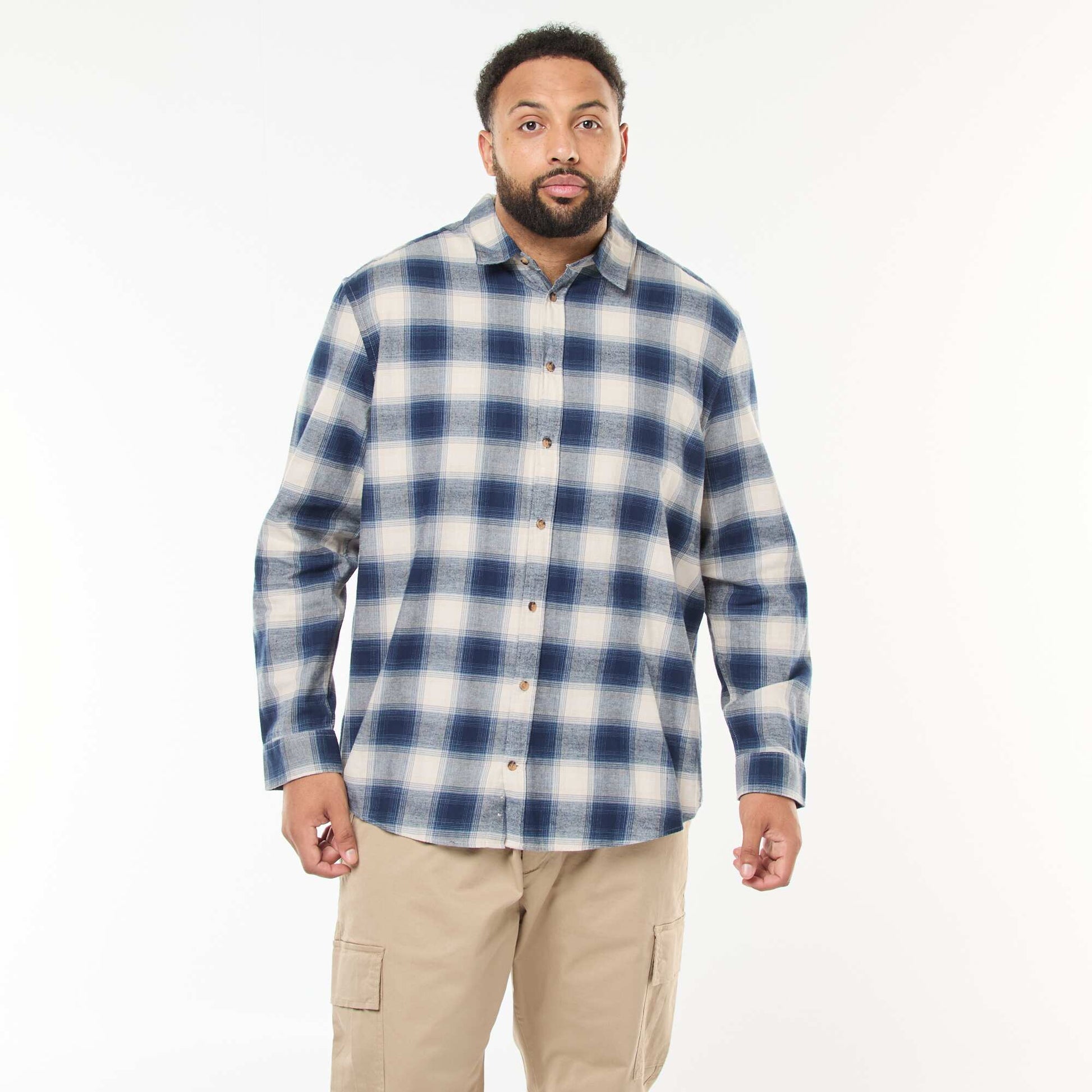 Chemise manches longues à motif à carreaux BLEU