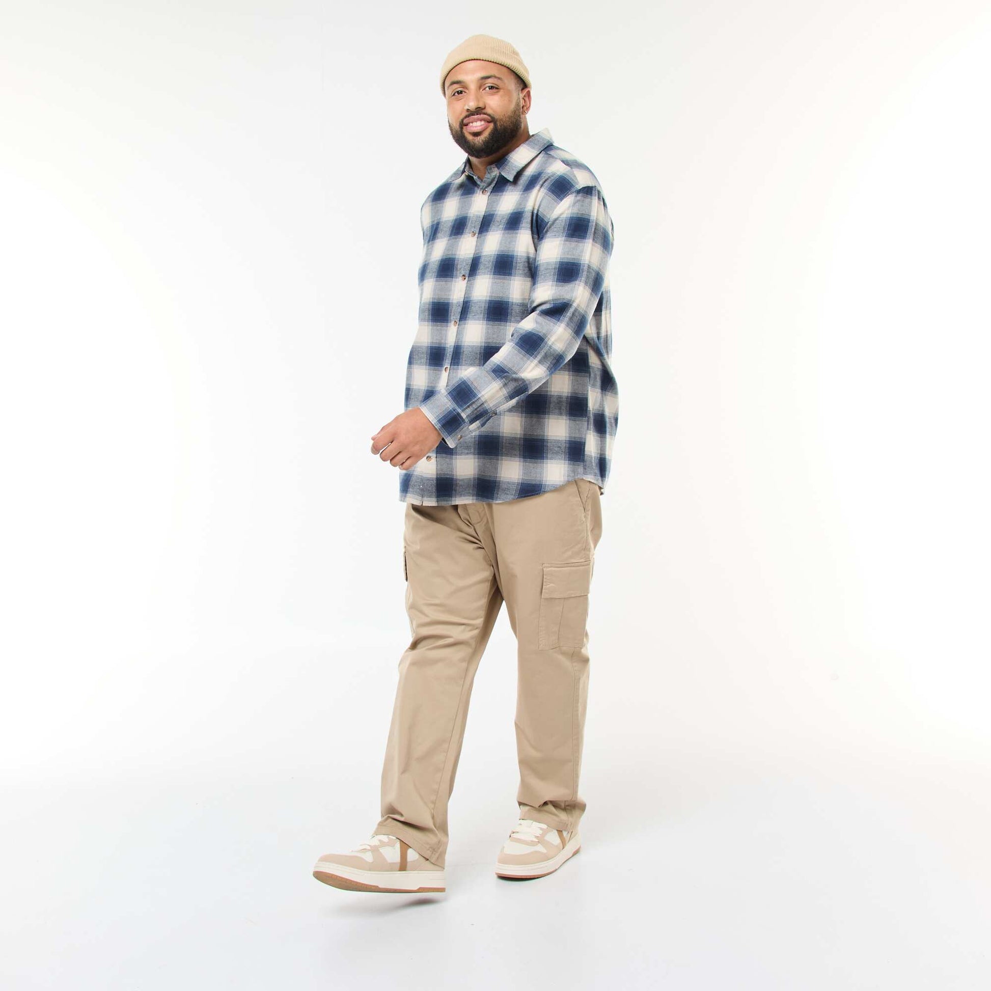 Chemise manches longues à motif à carreaux BLEU