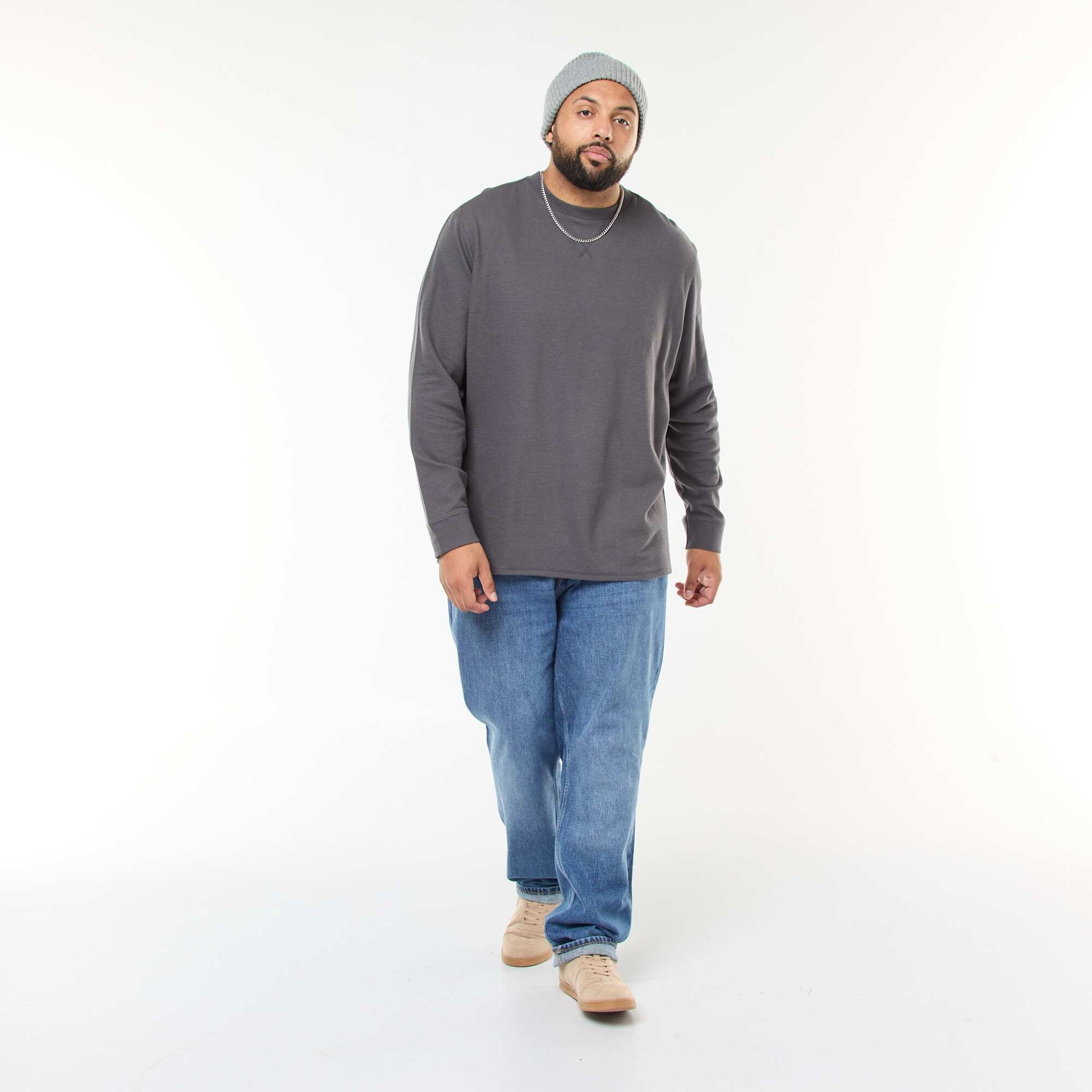 Pull en maille côtelée et col rond GRIS