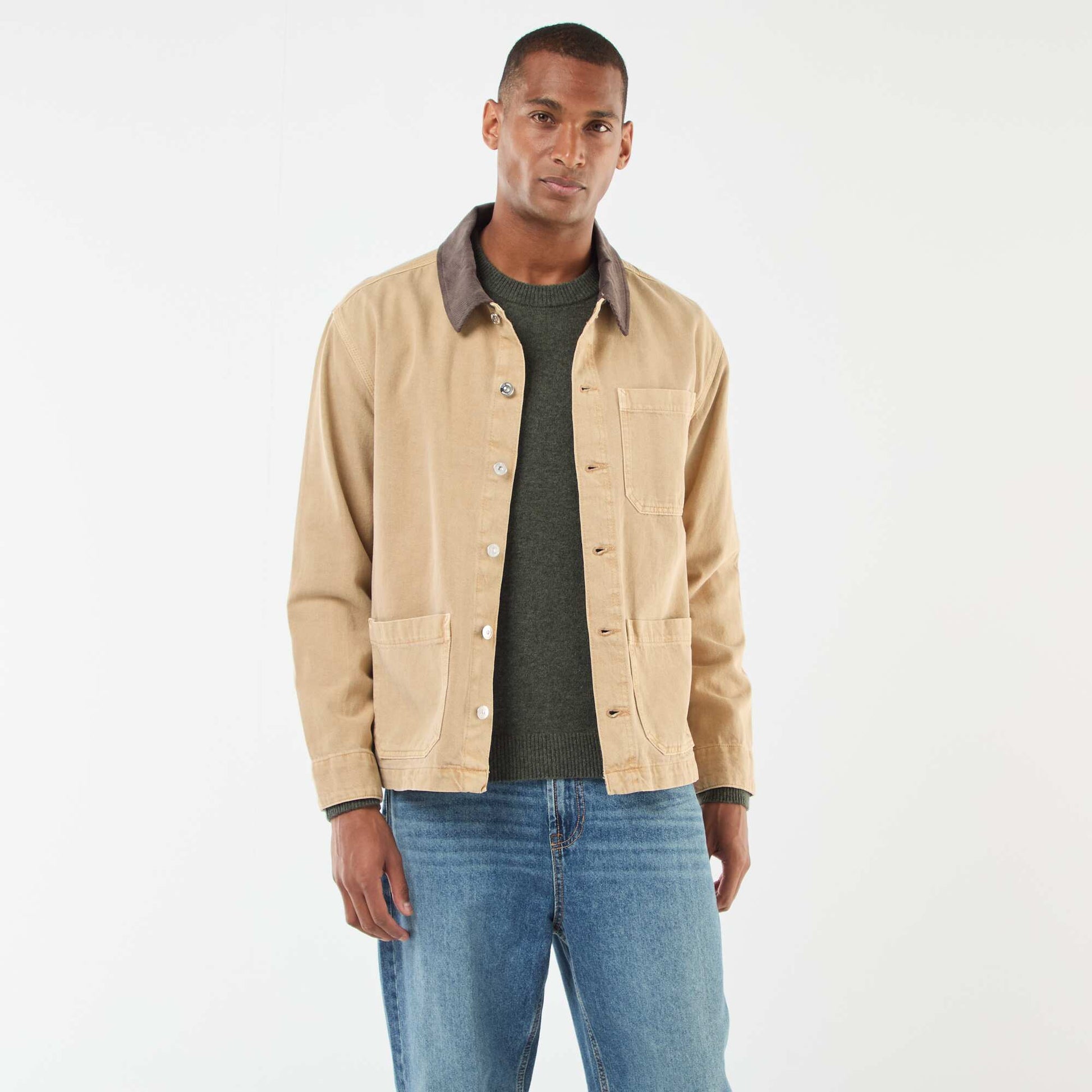 Veste denim avec col en velours côtelé BEIGE