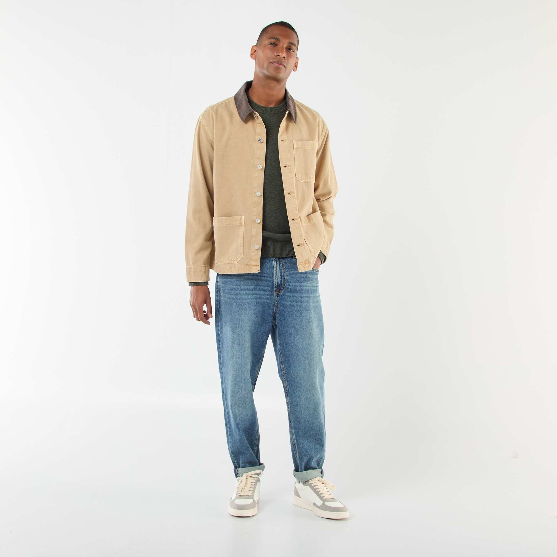 Veste denim avec col en velours côtelé BEIGE