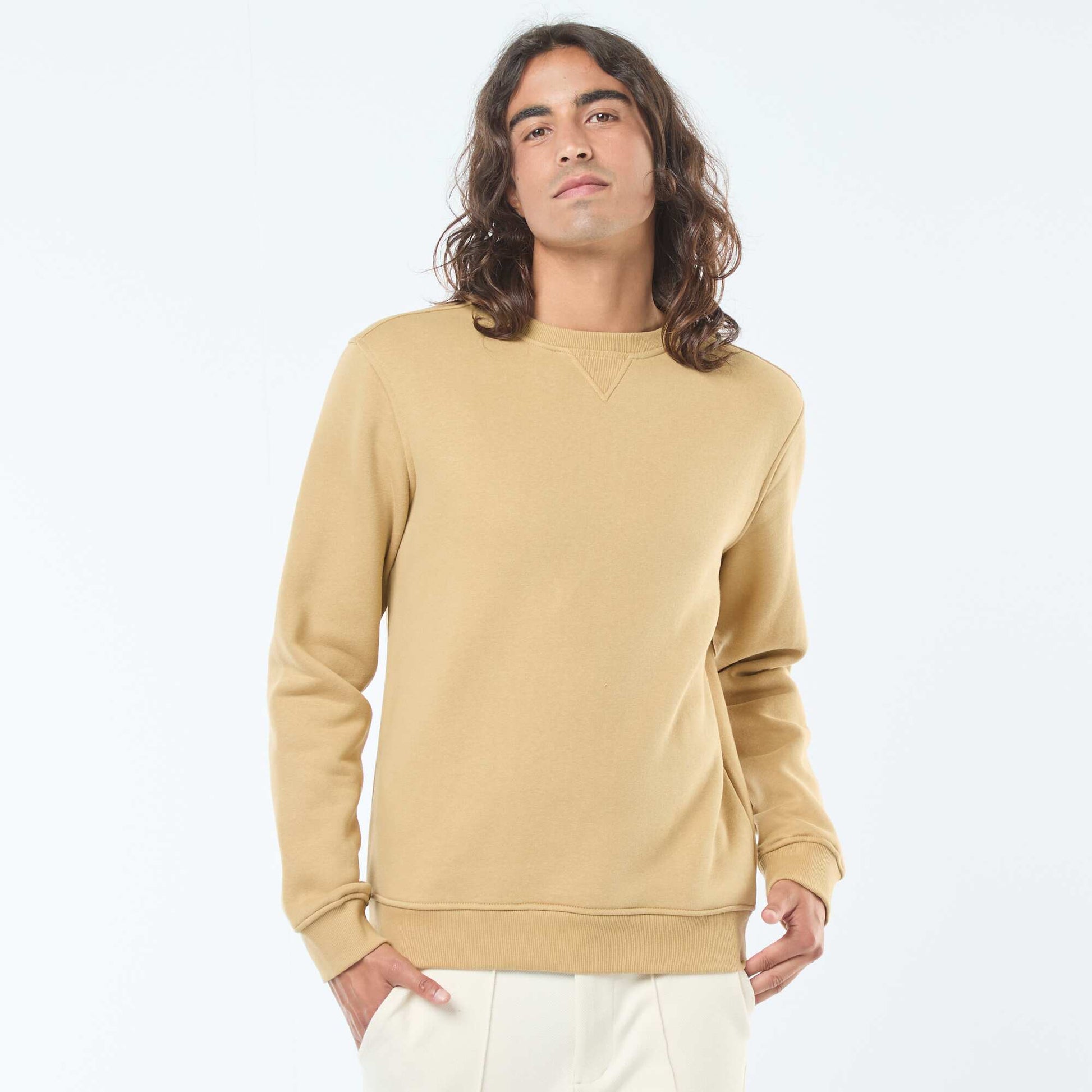 Sweat uni à col rond en molleton gratté BEIGE