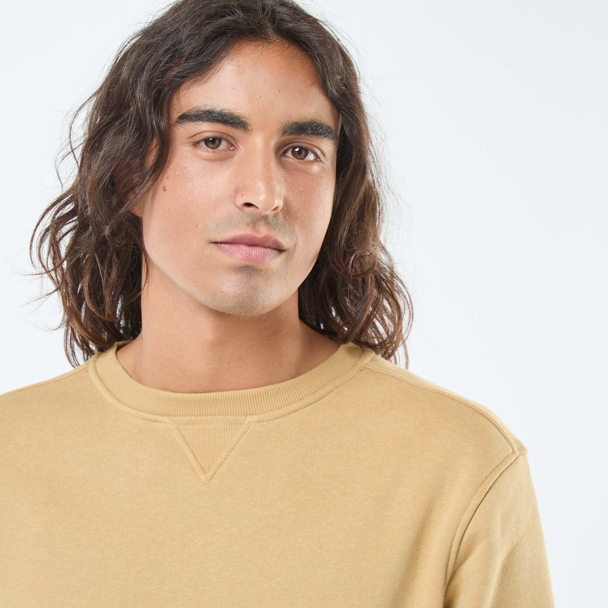 Sweat uni à col rond en molleton gratté BEIGE