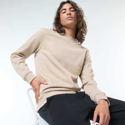 Sweat uni à col rond en molleton gratté BEIGE