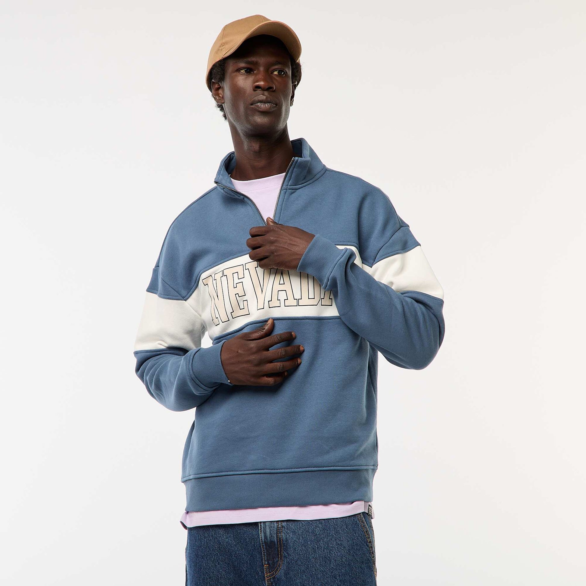 Sweat camionneur avec col montant zippé BLEU