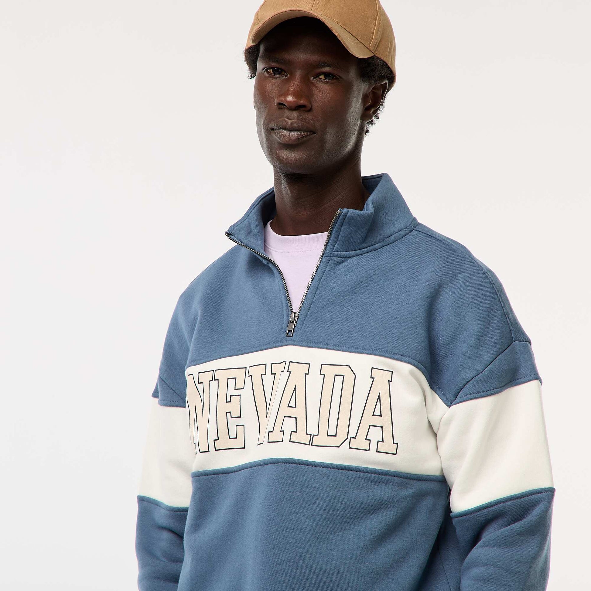 Sweat camionneur avec col montant zippé BLEU