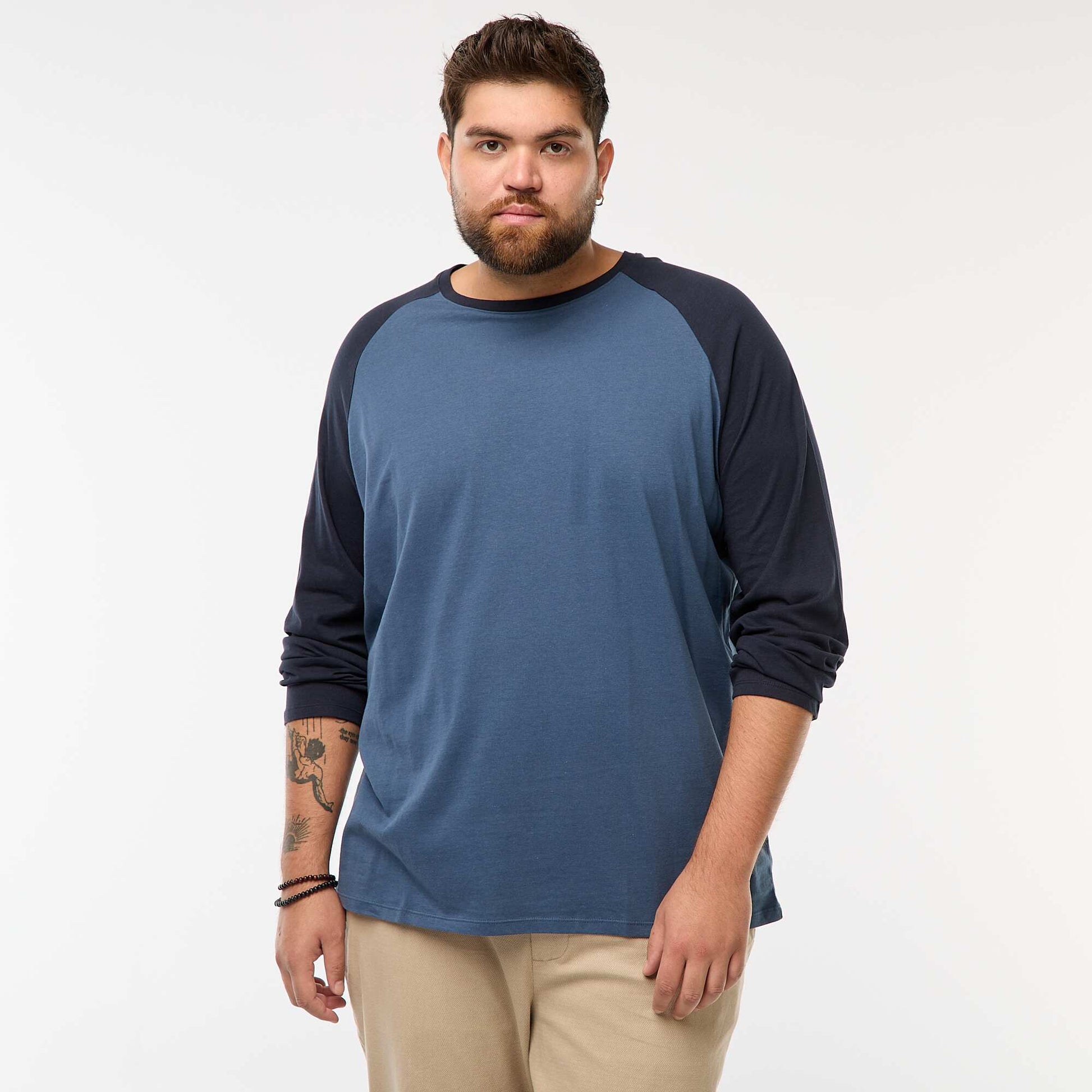 T-shirt à manches longues raglan et col rond BLEU