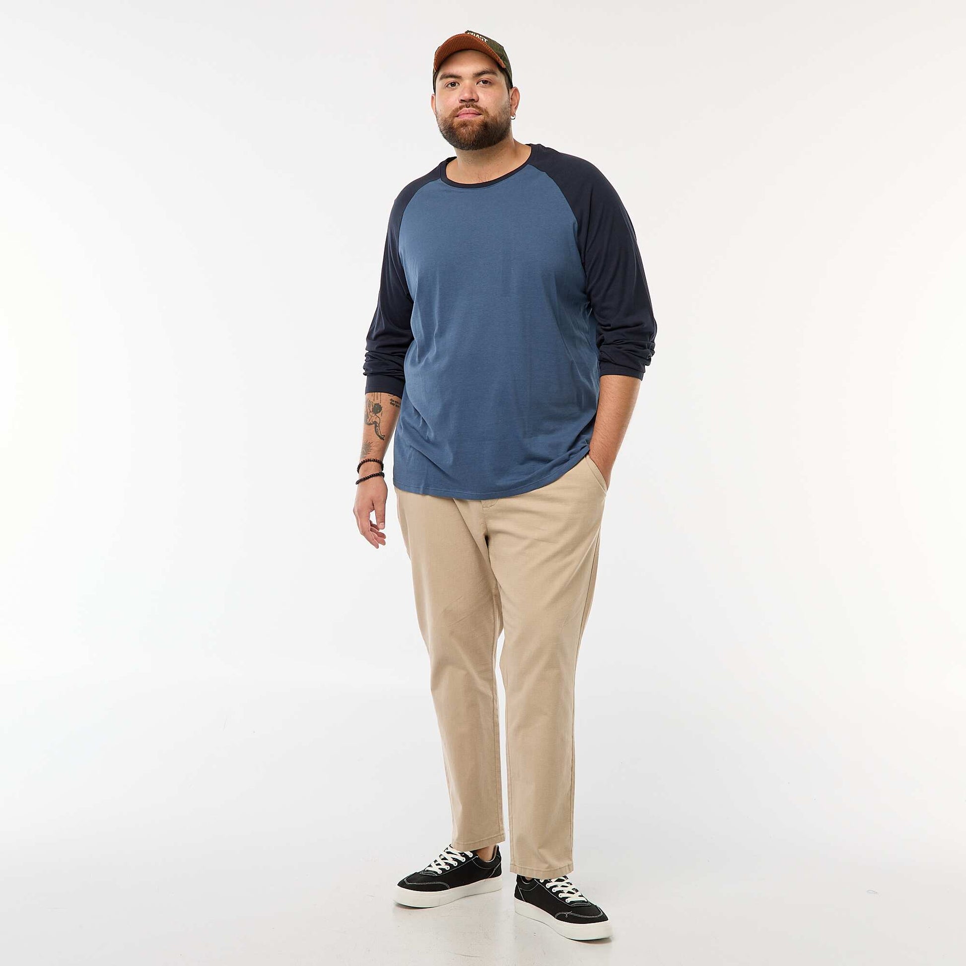 T-shirt à manches longues raglan et col rond BLEU