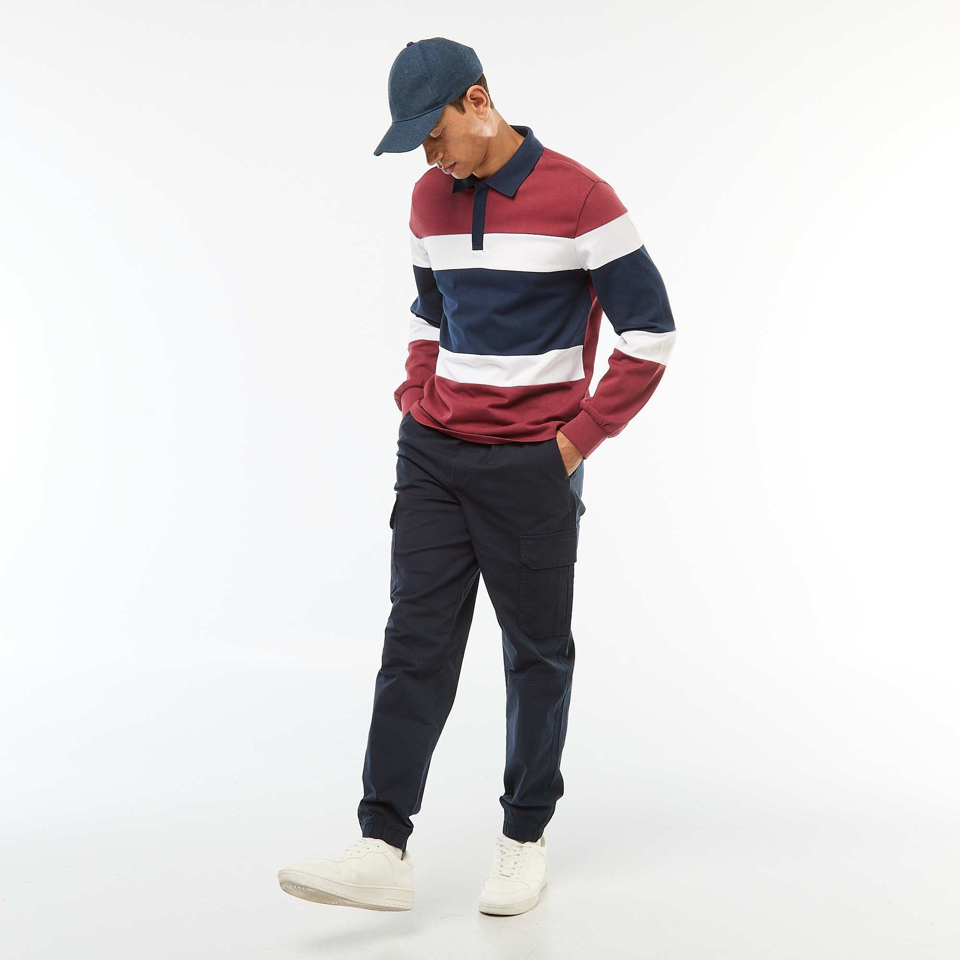 Pantalon uni multipoches avec taille élastiquée BLEU