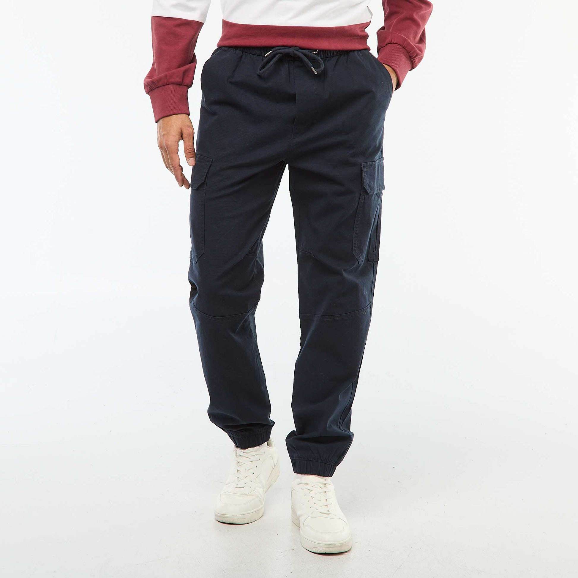 Pantalon uni multipoches avec taille élastiquée BLEU
